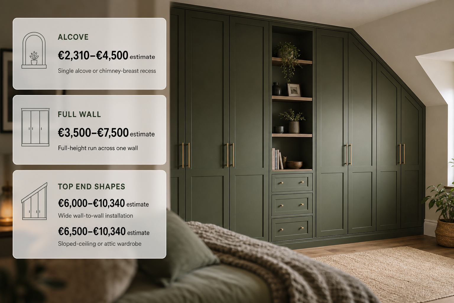 Infographic comparing fitted wardrobe costs by room shape and layout in an Irish bedroom setting.