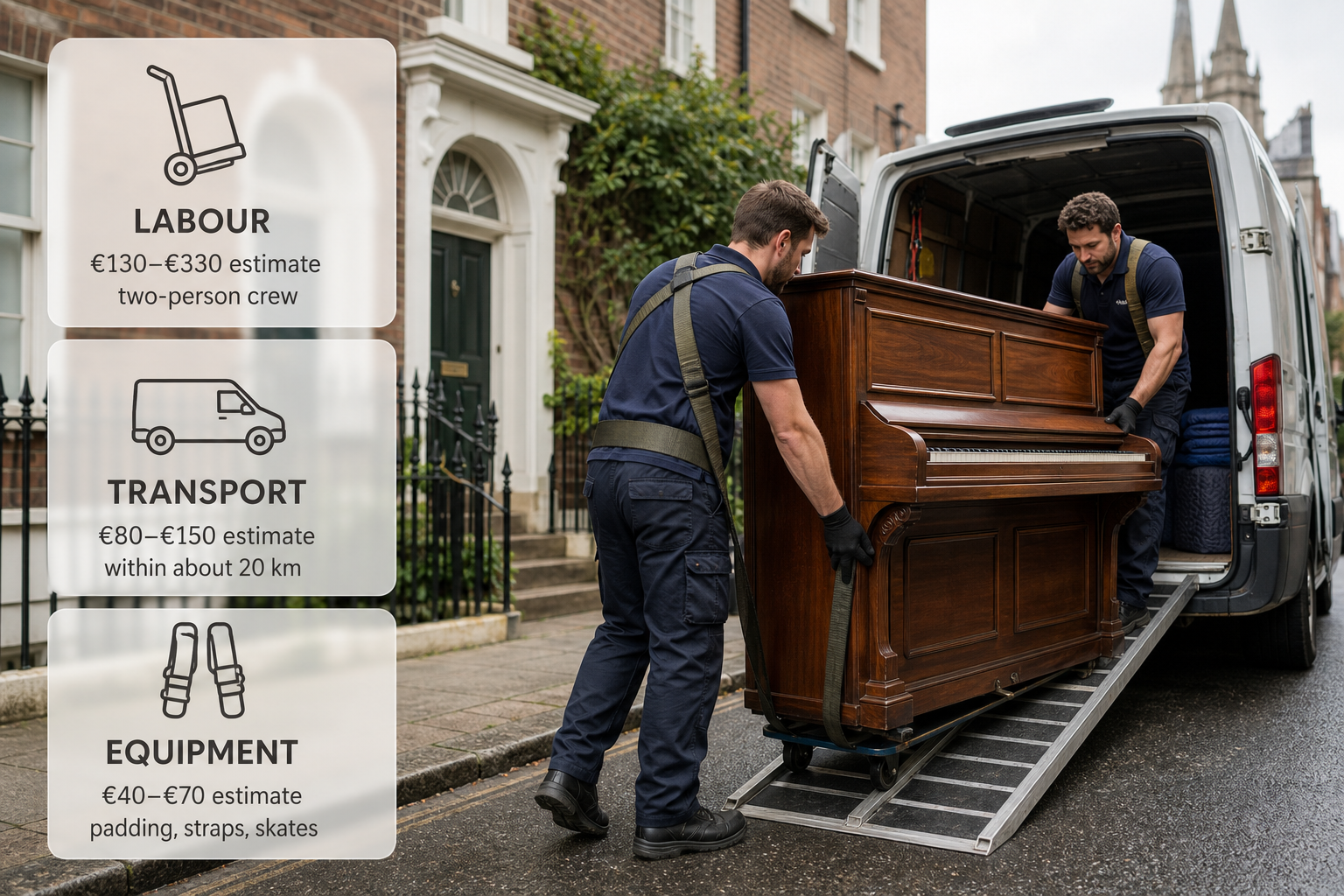 Infographic showing the main cost lines for piano moving in Ireland over a photo of movers handling a piano.