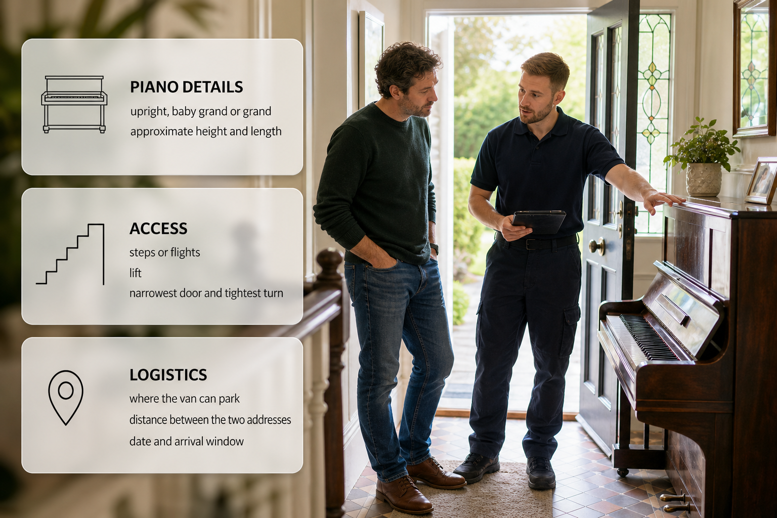 Infographic showing what details to gather when comparing piano moving quotes, over a photo of a homeowner measuring access in an Irish house.