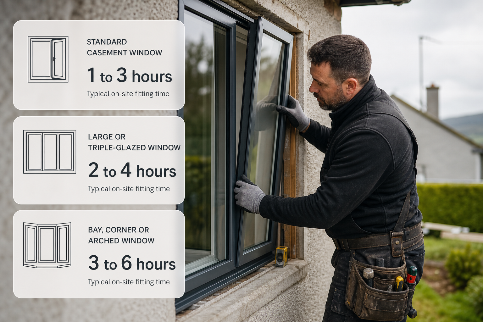 Infographic showing typical on-site fitting times per window type beside a window installer at an Irish home.