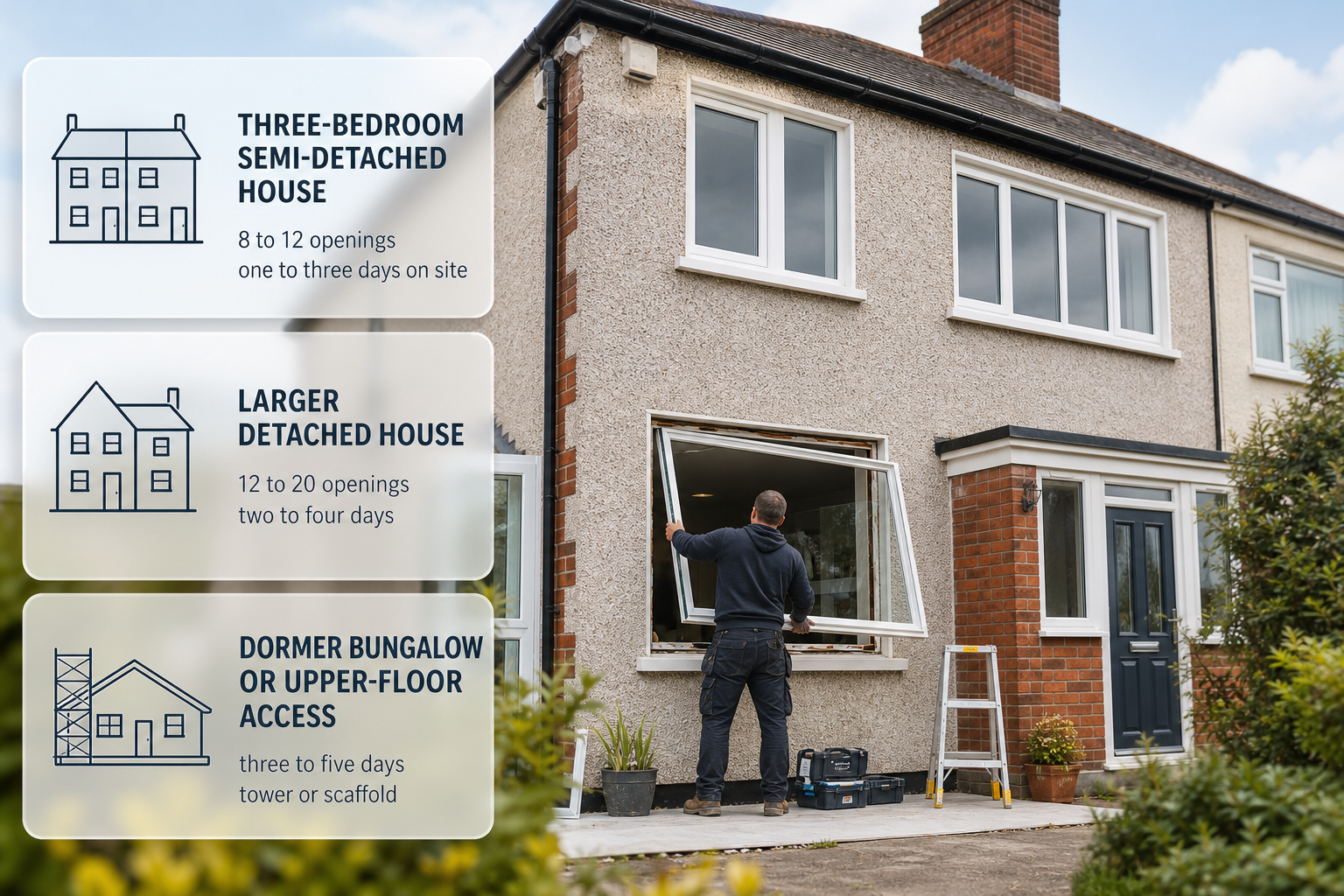 Infographic showing typical whole-house window installation times at an Irish semi-detached home.