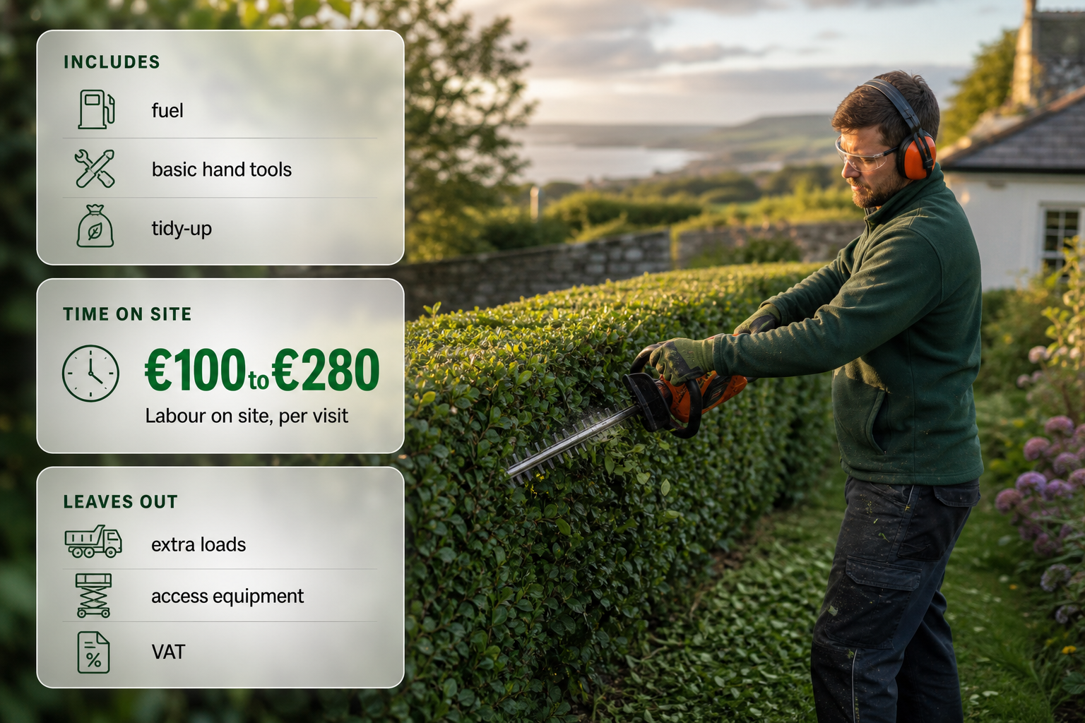 A gardener trimming a hedge in an Irish garden with frosted-glass cards summarising what a hedge trimming quote includes and leaves out.