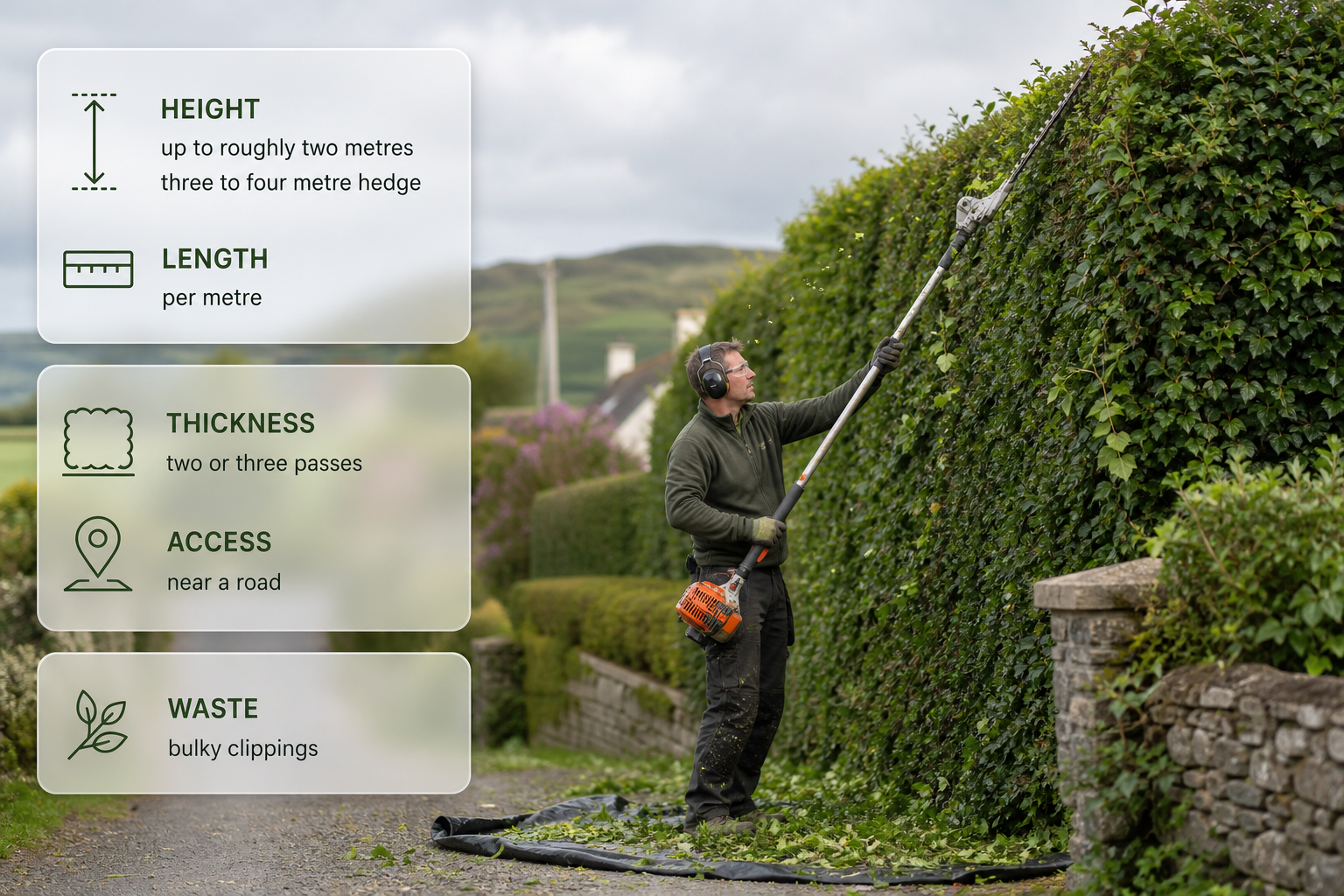 A tall hedge being trimmed in an Irish garden with frosted-glass cards showing the main factors that move the price.