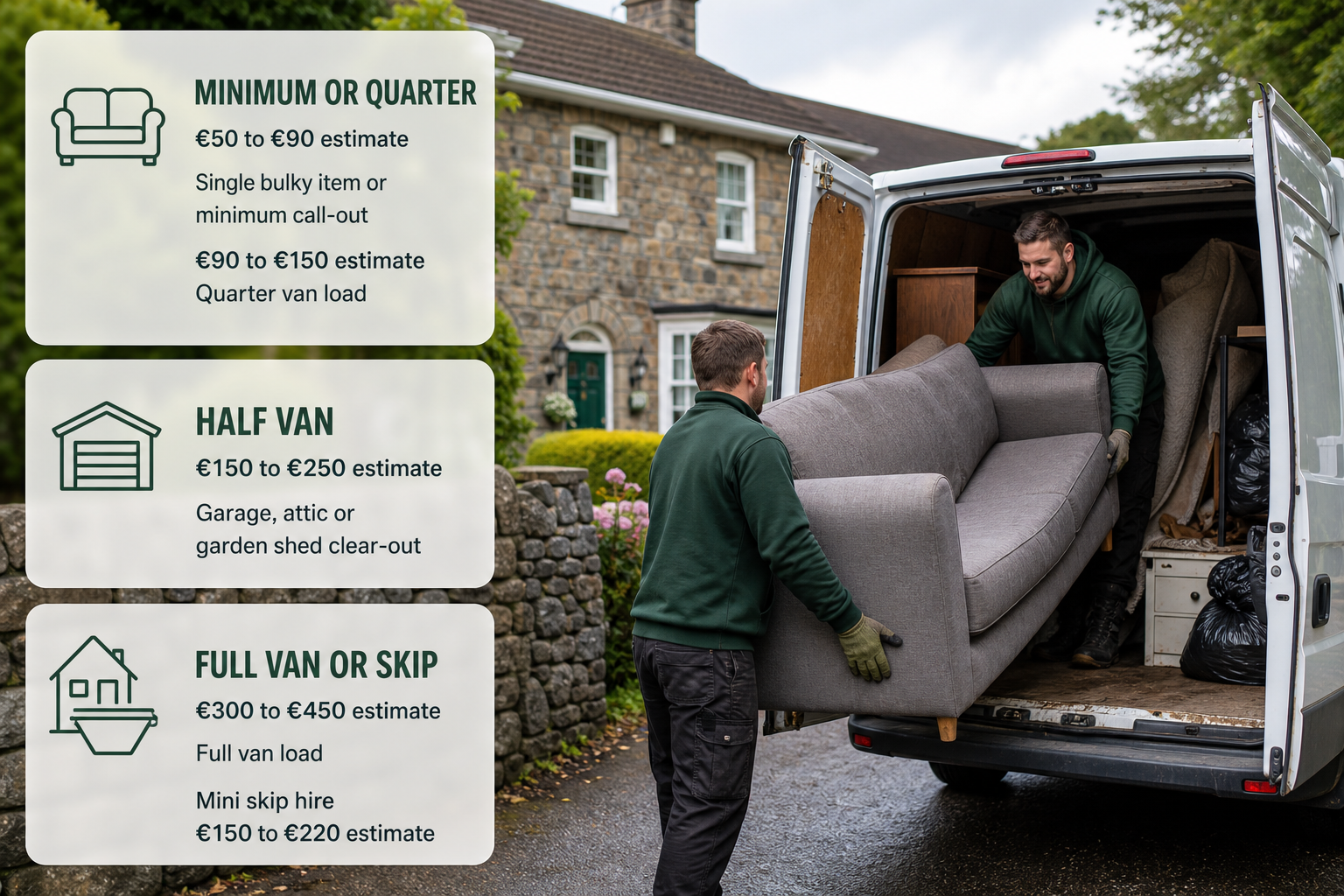 Infographic showing the main rubbish removal price bands over a photo of a van being loaded outside an Irish home.
