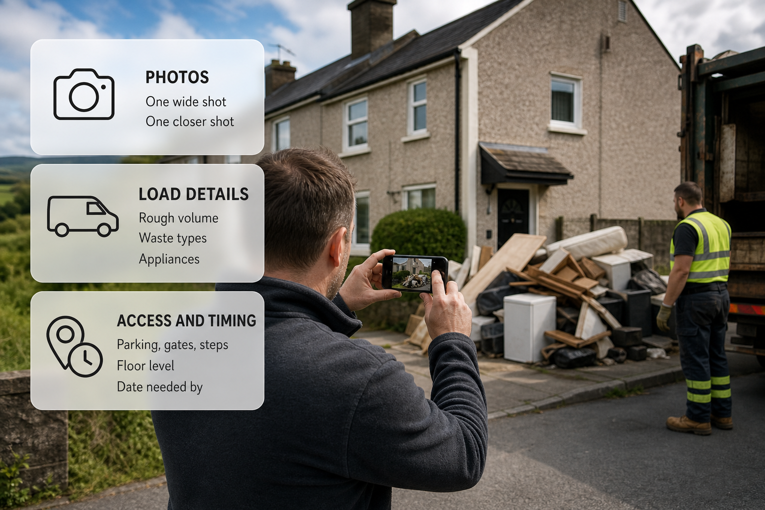 Infographic showing the key details to give a collector for an accurate rubbish removal quote beside a pile outside an Irish home.