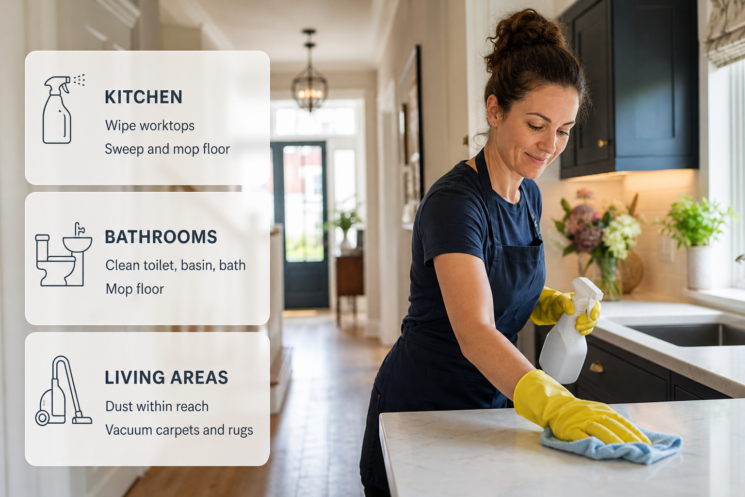 Infographic showing the usual tasks covered in a regular home cleaning visit in an Irish house.