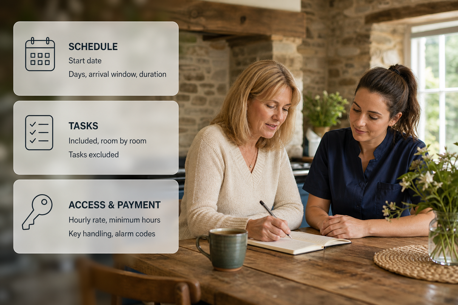 Infographic outlining the key points to confirm in writing before a regular cleaner starts work.