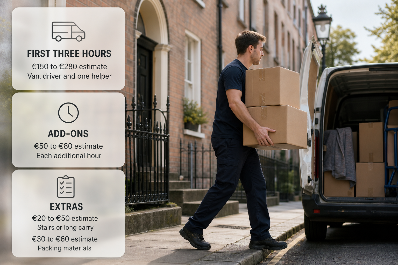 Infographic showing the main line items that make up a man with a van quote for an Irish apartment move.