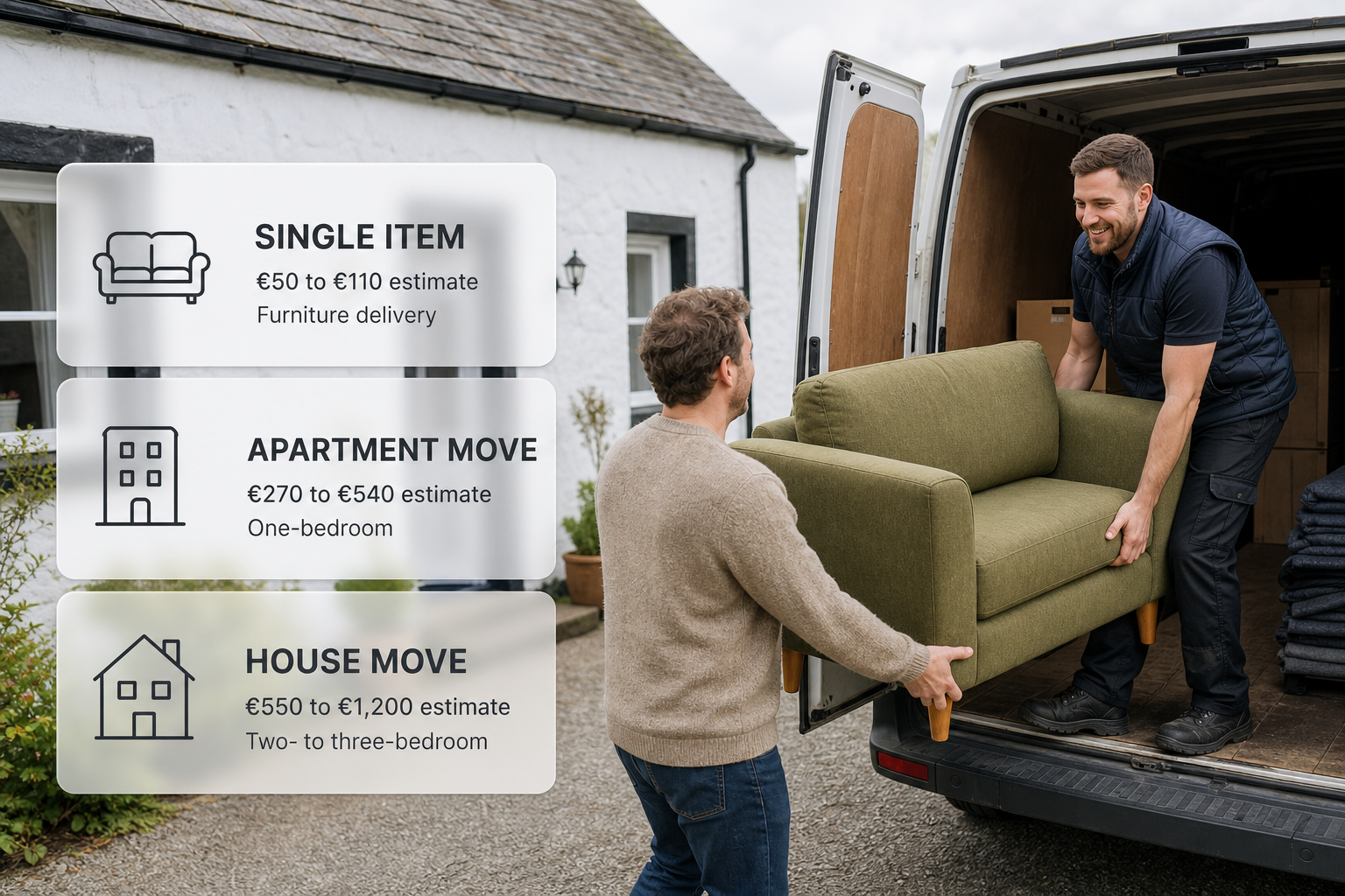 Infographic showing common man with a van jobs and their typical price ranges in Ireland.