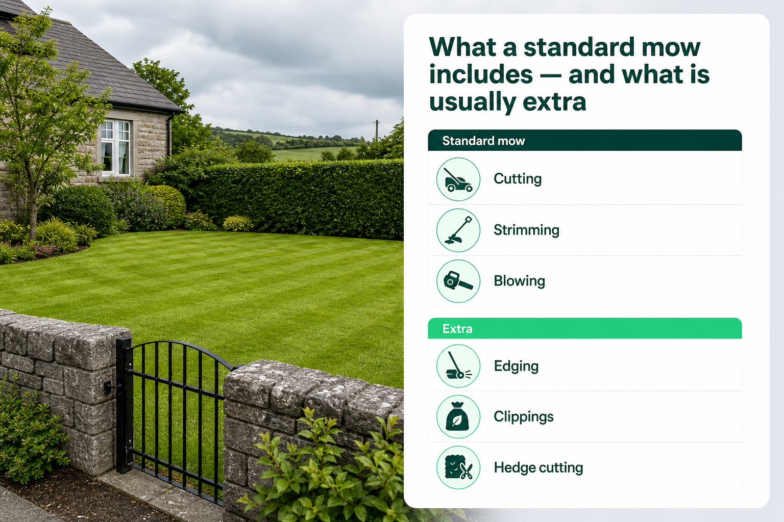 An infographic showing what is included in a standard mow and what usually costs extra.