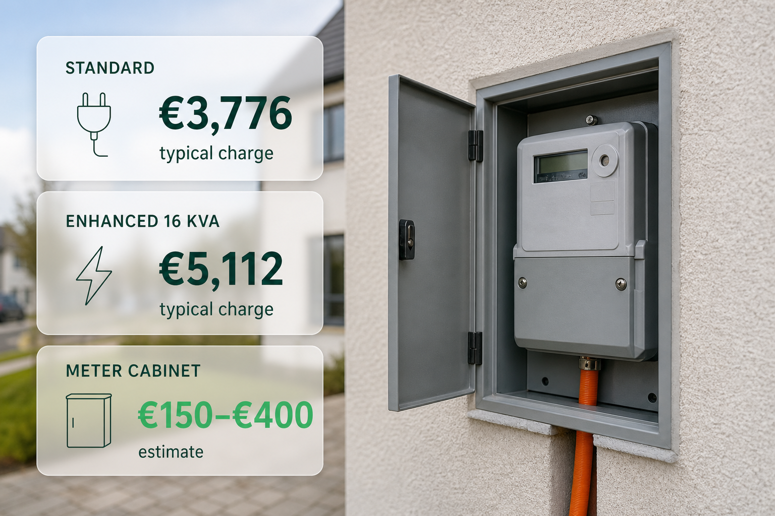 A meter cabinet on a new house wall with cards showing the standard connection, enhanced connection and meter cabinet costs.