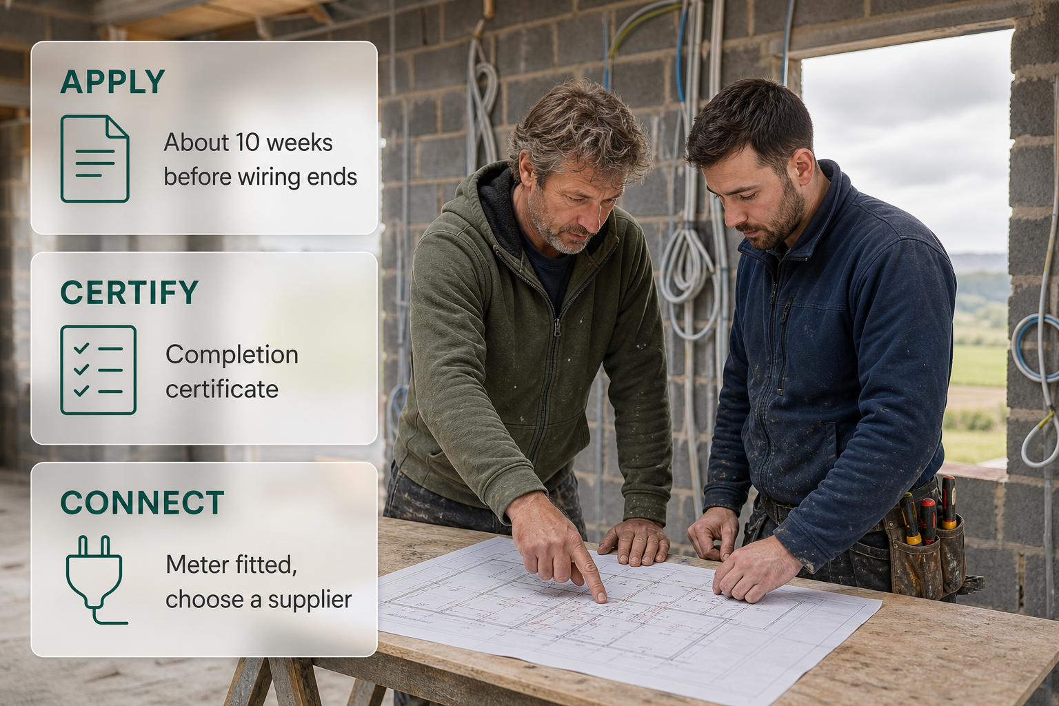 A self-builder reviewing plans on site with cards for apply, certify and connect.