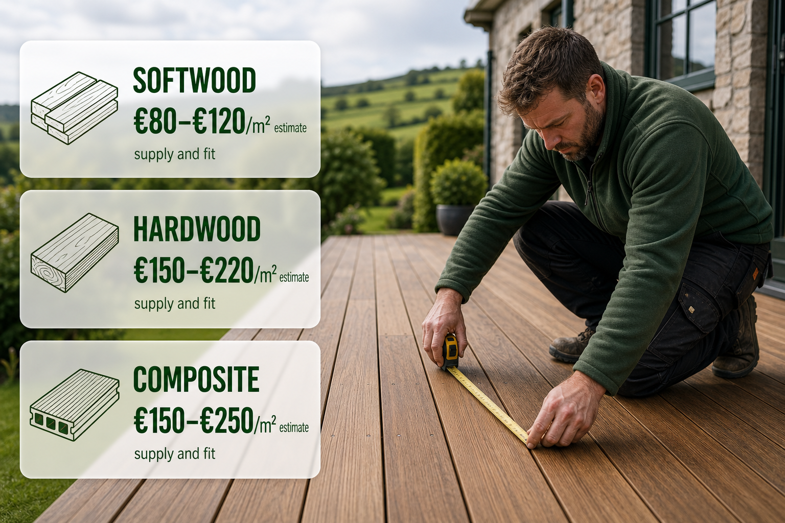 An Irish garden decking scene with frosted-glass cards summarising fitted decking price ranges from the price table section.