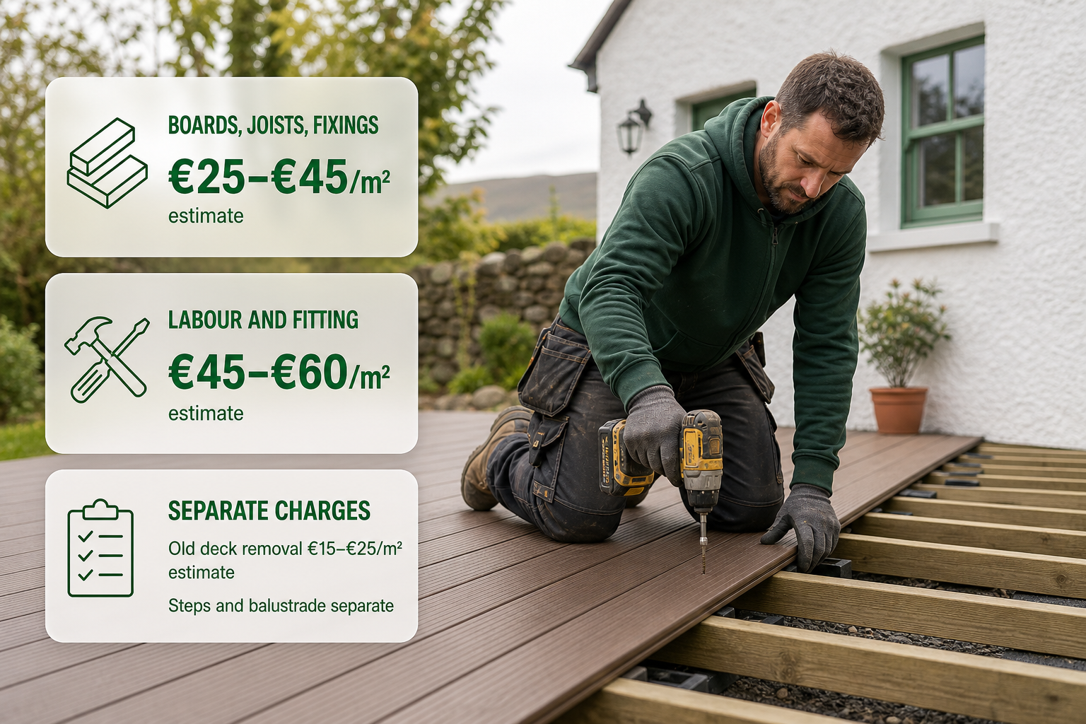 A deck-building scene at an Irish home with frosted-glass cards explaining what a per-square-metre decking quote includes and separate charges.