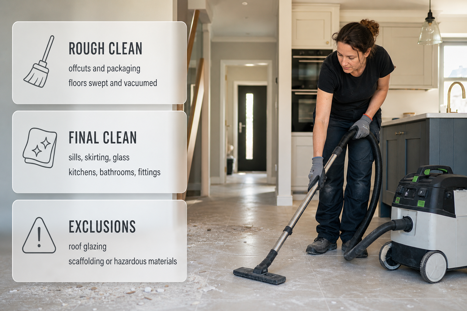 A post build cleaning scene in an Irish home showing the stages and surfaces covered by the service.