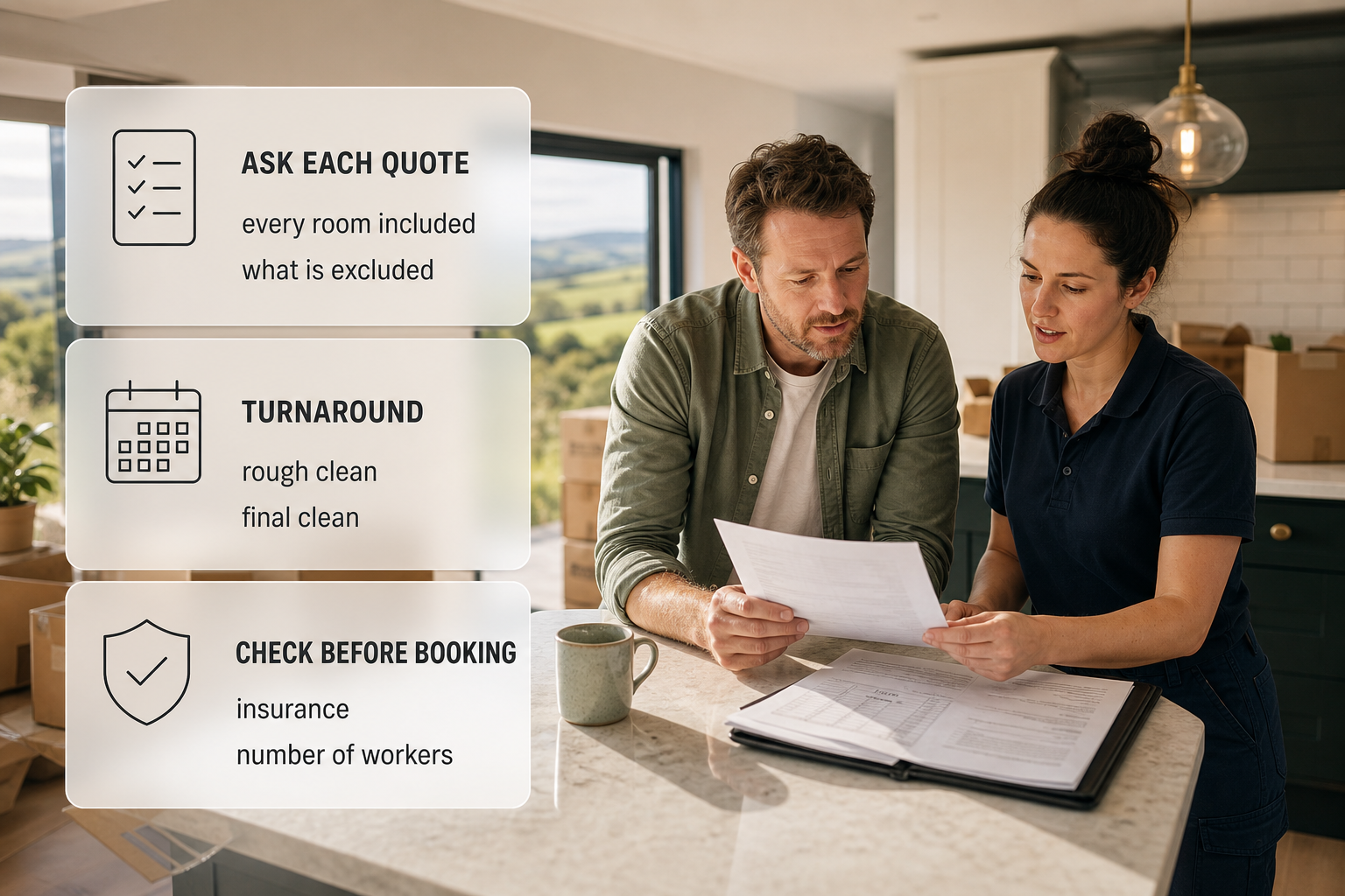 A homeowner compares post construction cleaning quotes in an Irish home while the renovated room is being finished.