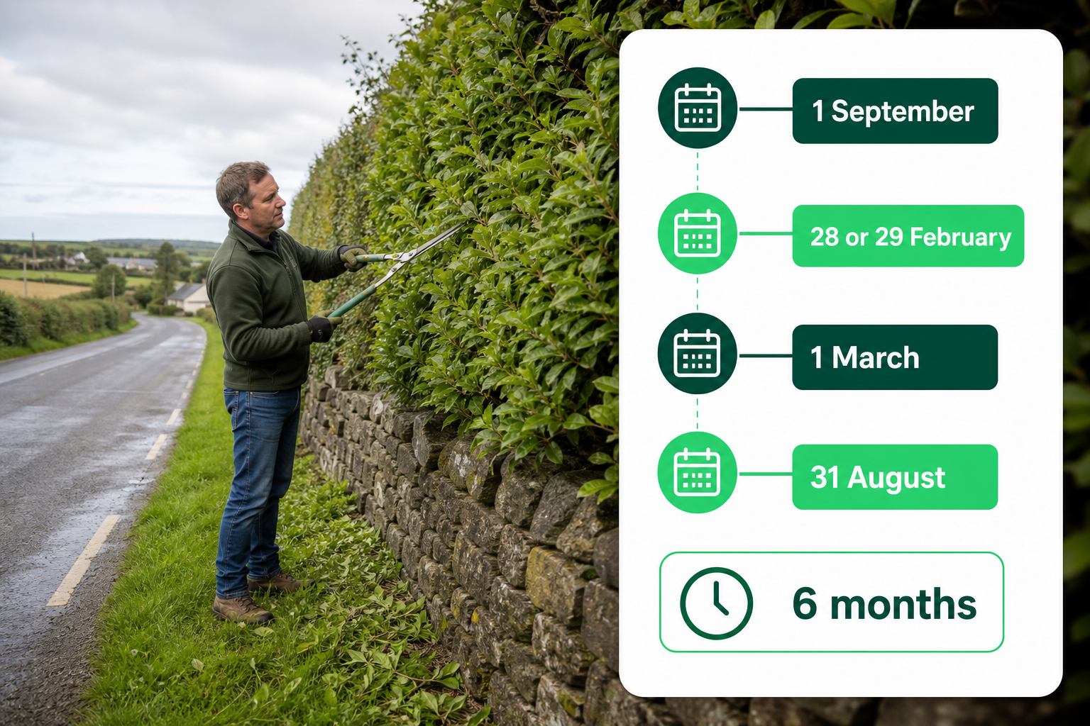 An infographic showing the legal hedge-cutting season and closed months in Ireland with a homeowner beside a roadside hedge.