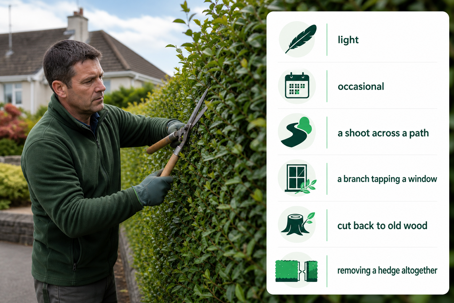 An infographic explaining what counts as routine garden maintenance versus heavier hedge work in Ireland.