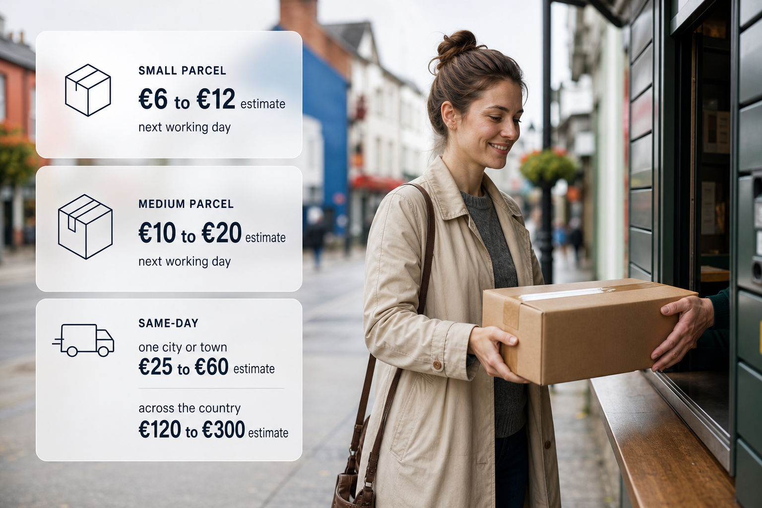 Infographic showing a courier parcel drop-off scene in Ireland with cards summarising one-off delivery price bands and same-day costs.