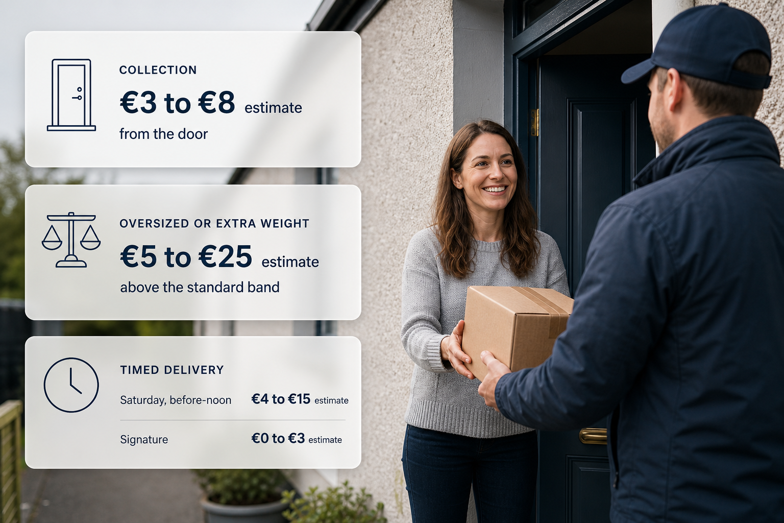 Infographic showing a courier collecting a parcel from an Irish home with cards explaining common quote extras and their price bands.