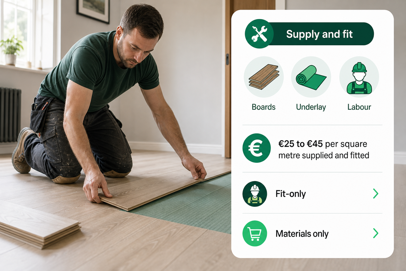 An infographic explains what a laminate flooring quote usually includes in an Irish setting.