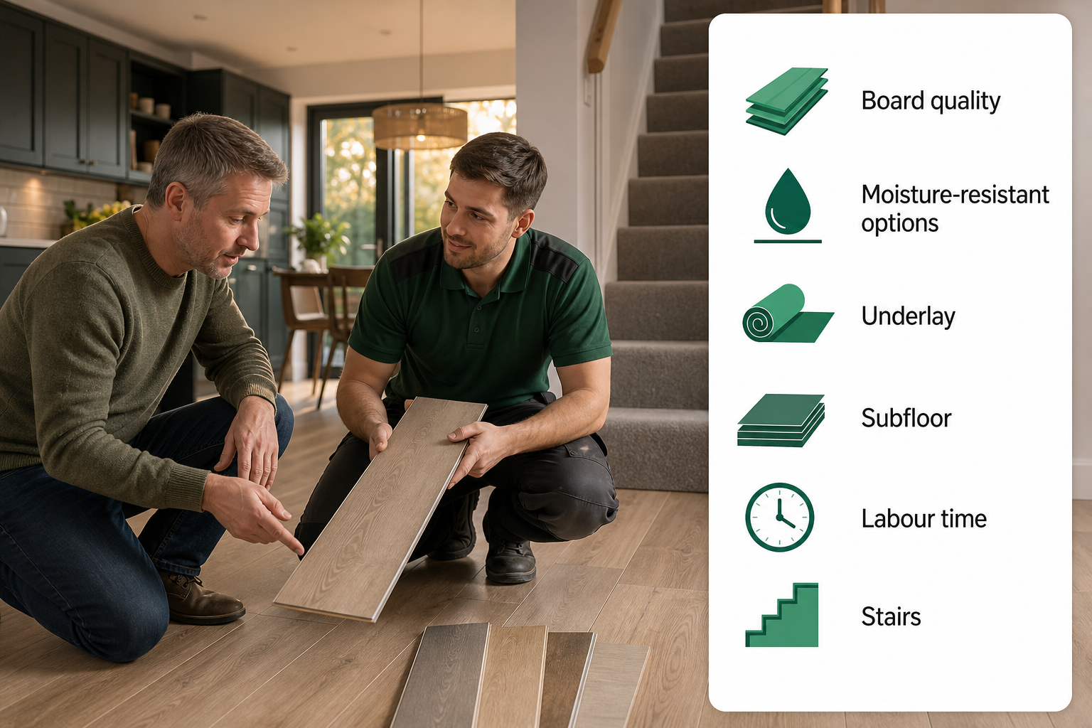 An infographic shows the main factors that change laminate flooring costs in Ireland.