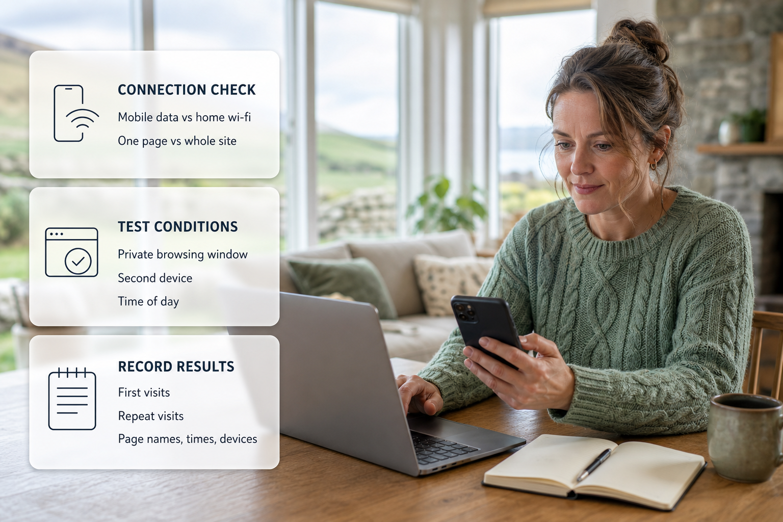 An Irish homeowner testing a website on phone and laptop, with cards summarising the key checks to diagnose slowness before making changes.