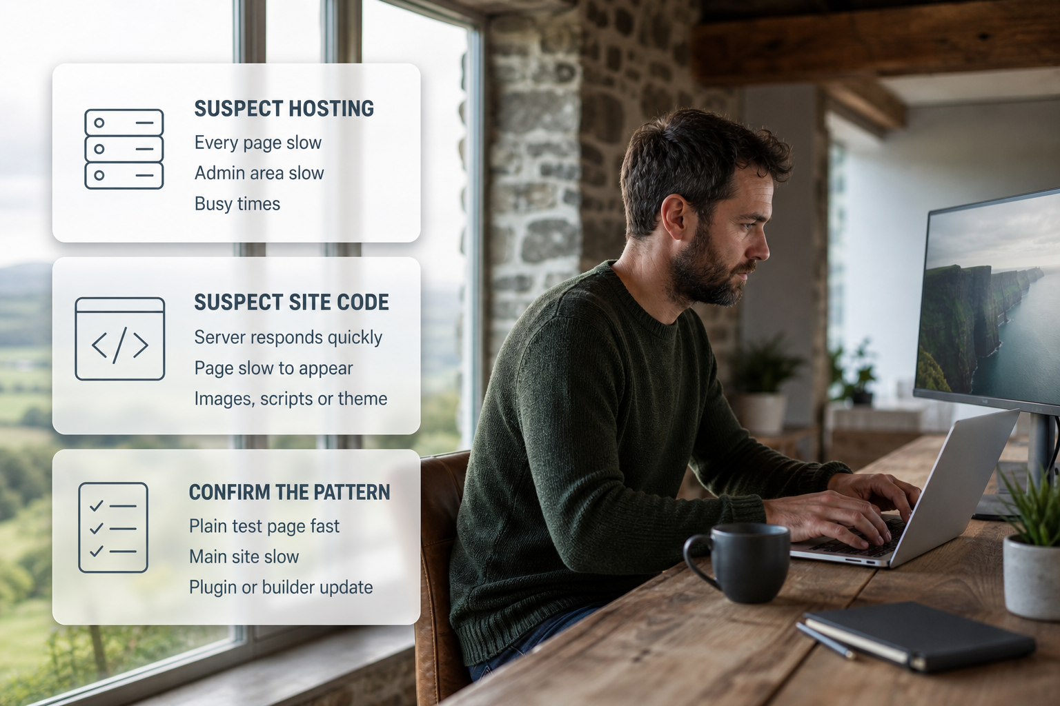 A web developer in an Irish workspace diagnosing whether website slowness comes from hosting or site code, with cards showing the comparison points.
