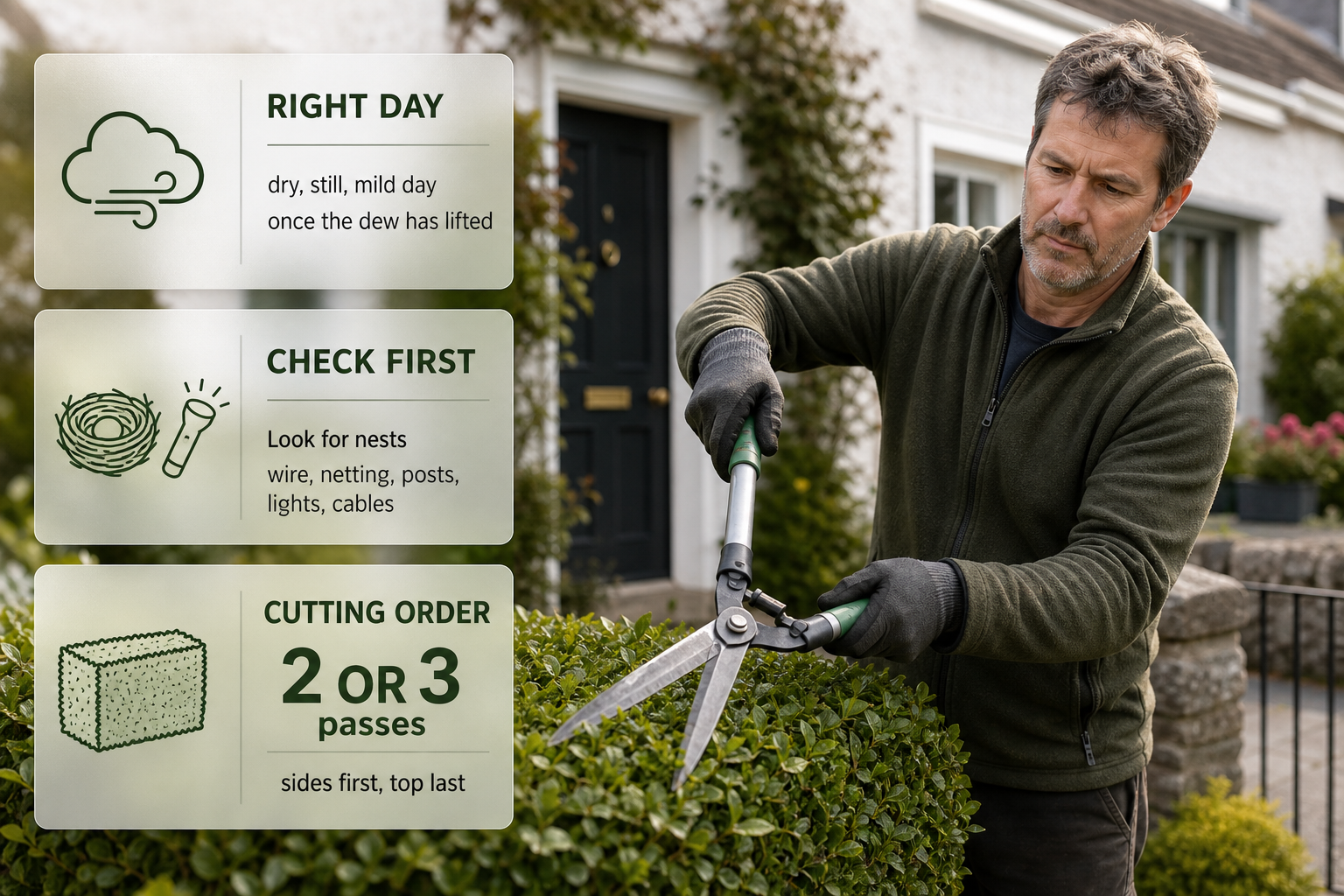 A step-by-step hedge trimming infographic over a photo of hedge cutting in an Irish garden.
