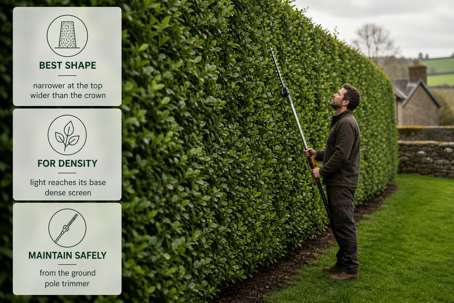 An infographic showing the best hedge shape for privacy and regrowth over a photo of an Irish garden hedge.