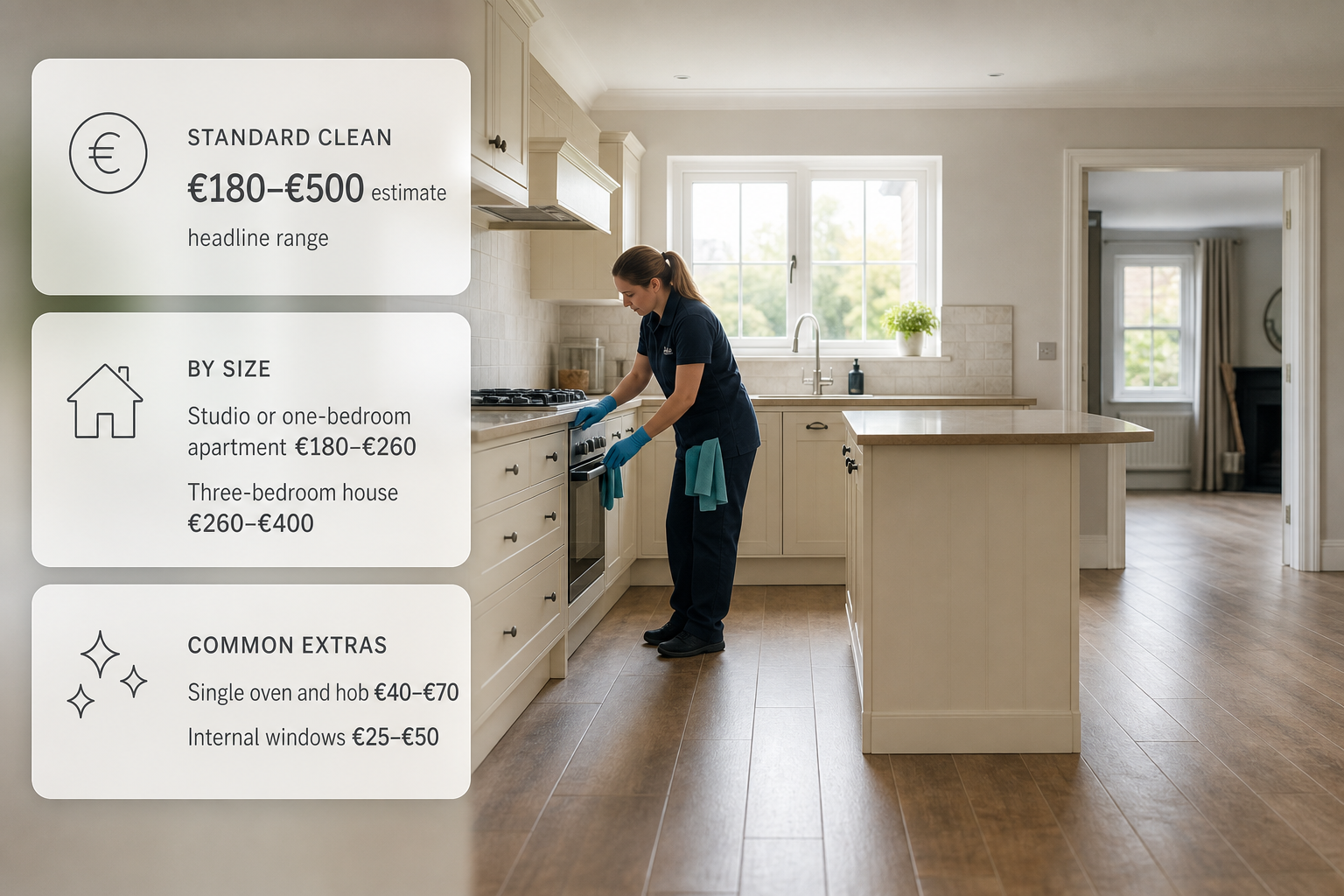 Infographic over an Irish rental property interior showing the estimated end of tenancy cleaning cost range and common extras.