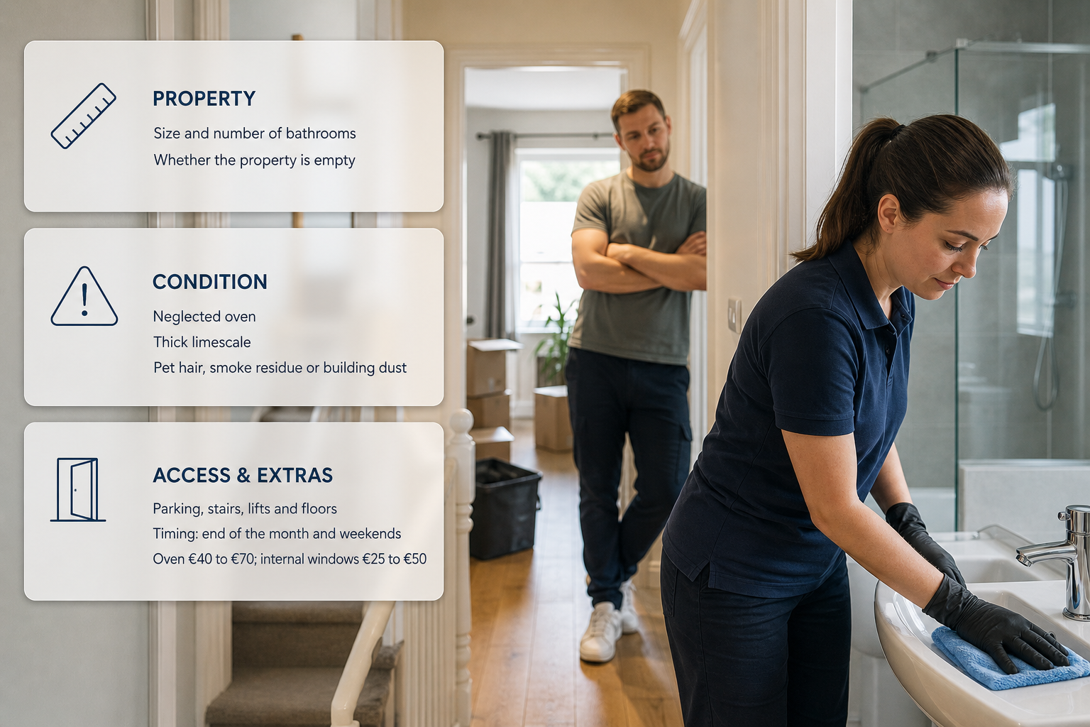 Infographic over an Irish move-out cleaning scene showing the main factors that raise or lower an end of tenancy cleaning quote.
