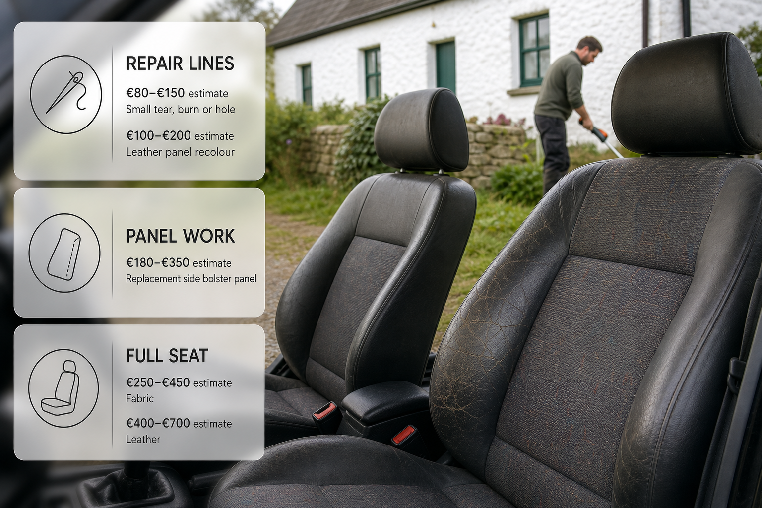 An Irish car seat repair price guide over a photo of damaged front seats, illustrating the main upholstery repair price ranges.