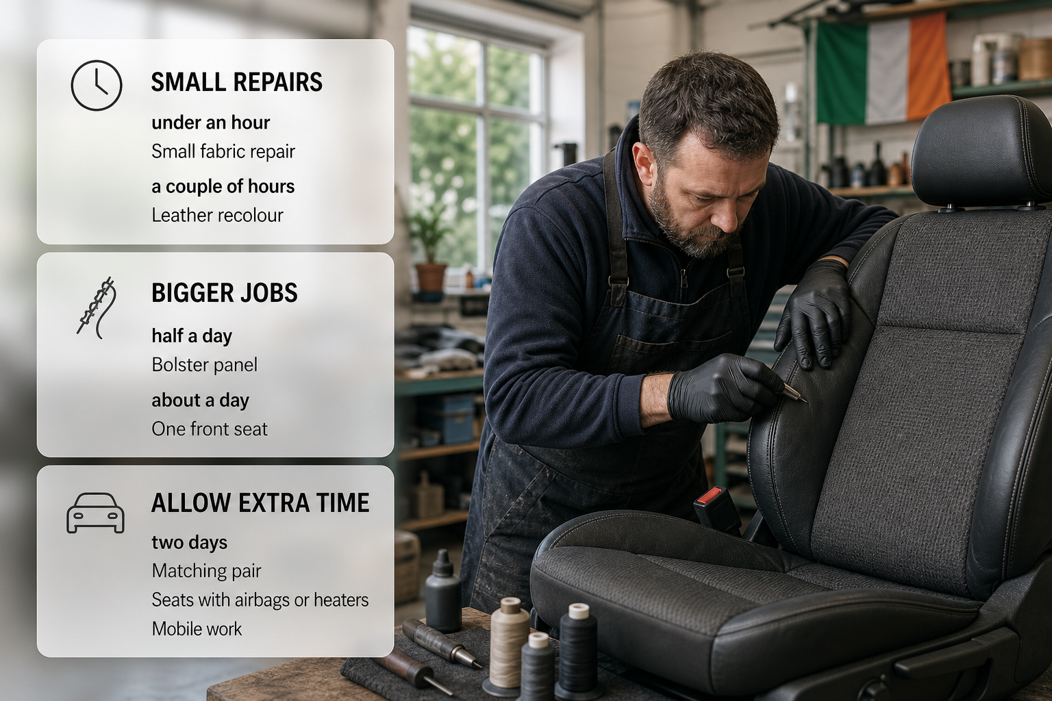 A timing guide for car seat upholstery repair shown over a photo of an upholsterer working on a car seat in Ireland.