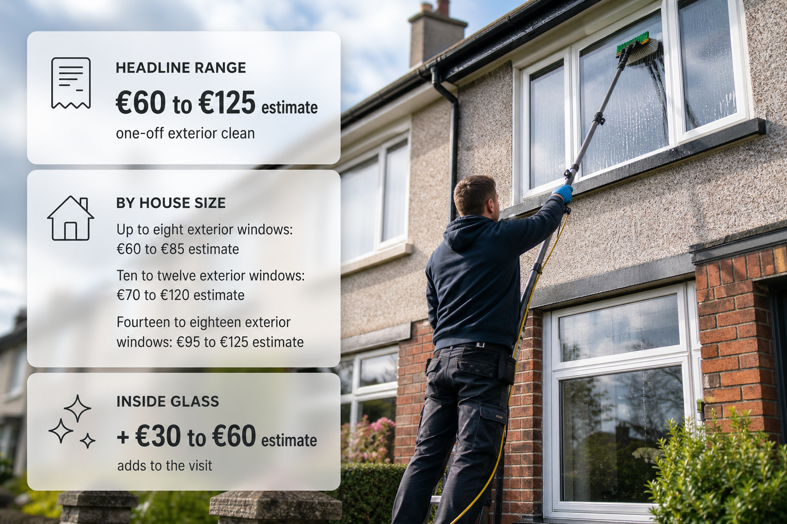 Infographic showing typical window cleaning cost ranges over a photo of a cleaner working at an Irish house.