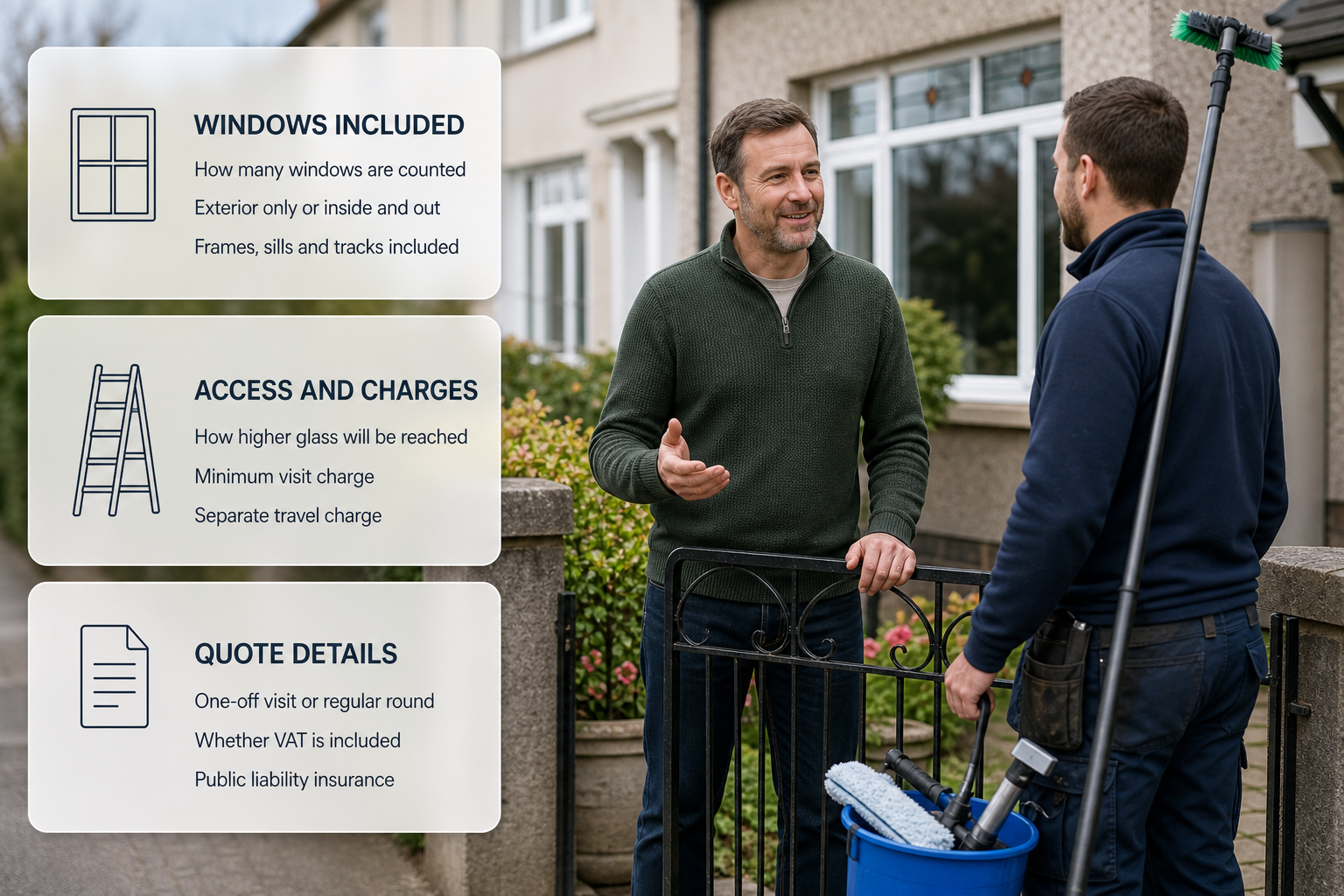 Infographic with a checklist for comparing window cleaning quotes over a photo of an Irish homeowner discussing a quote.