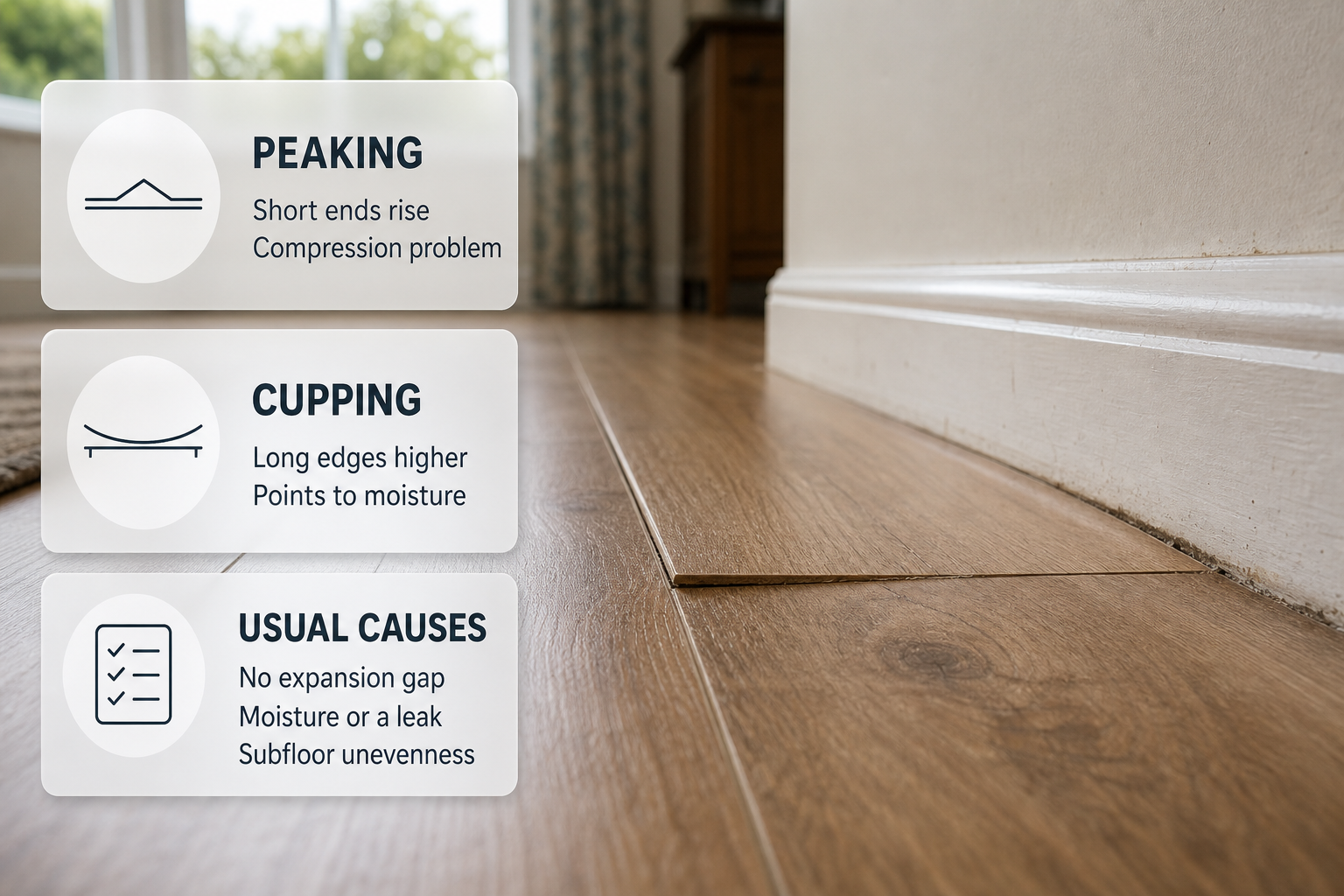 A close view of a lifted laminate floor in an Irish house with overlay cards explaining peaking, cupping and the usual causes.
