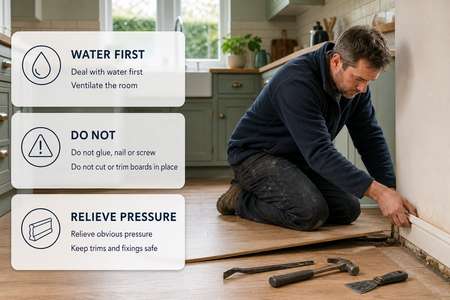 A homeowner in an Irish kitchen carefully removes a tight trim from lifted laminate flooring while overlay cards show safe steps before repair.