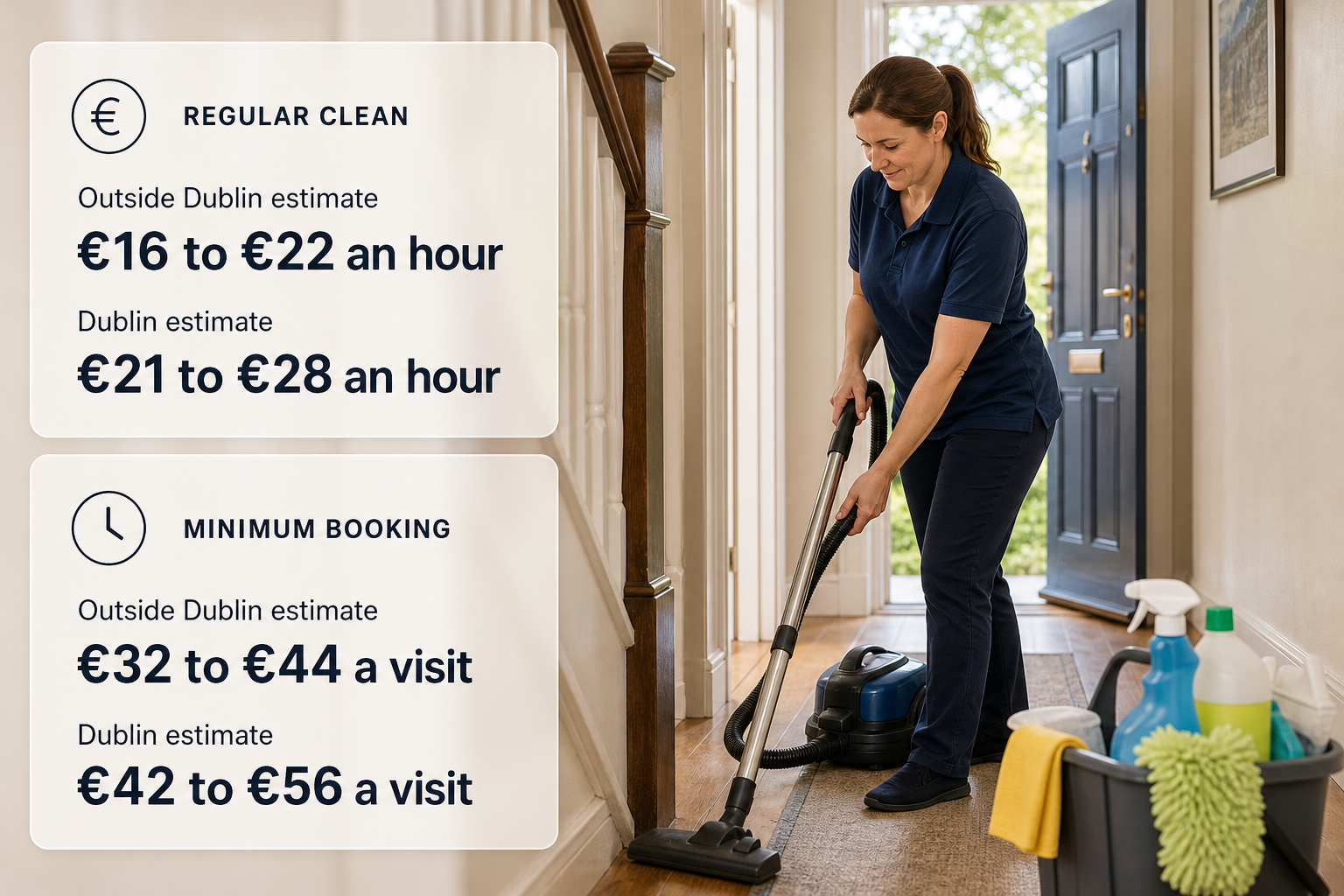 Infographic showing domestic cleaning cost ranges in Ireland over a photo of a cleaner working in a home.