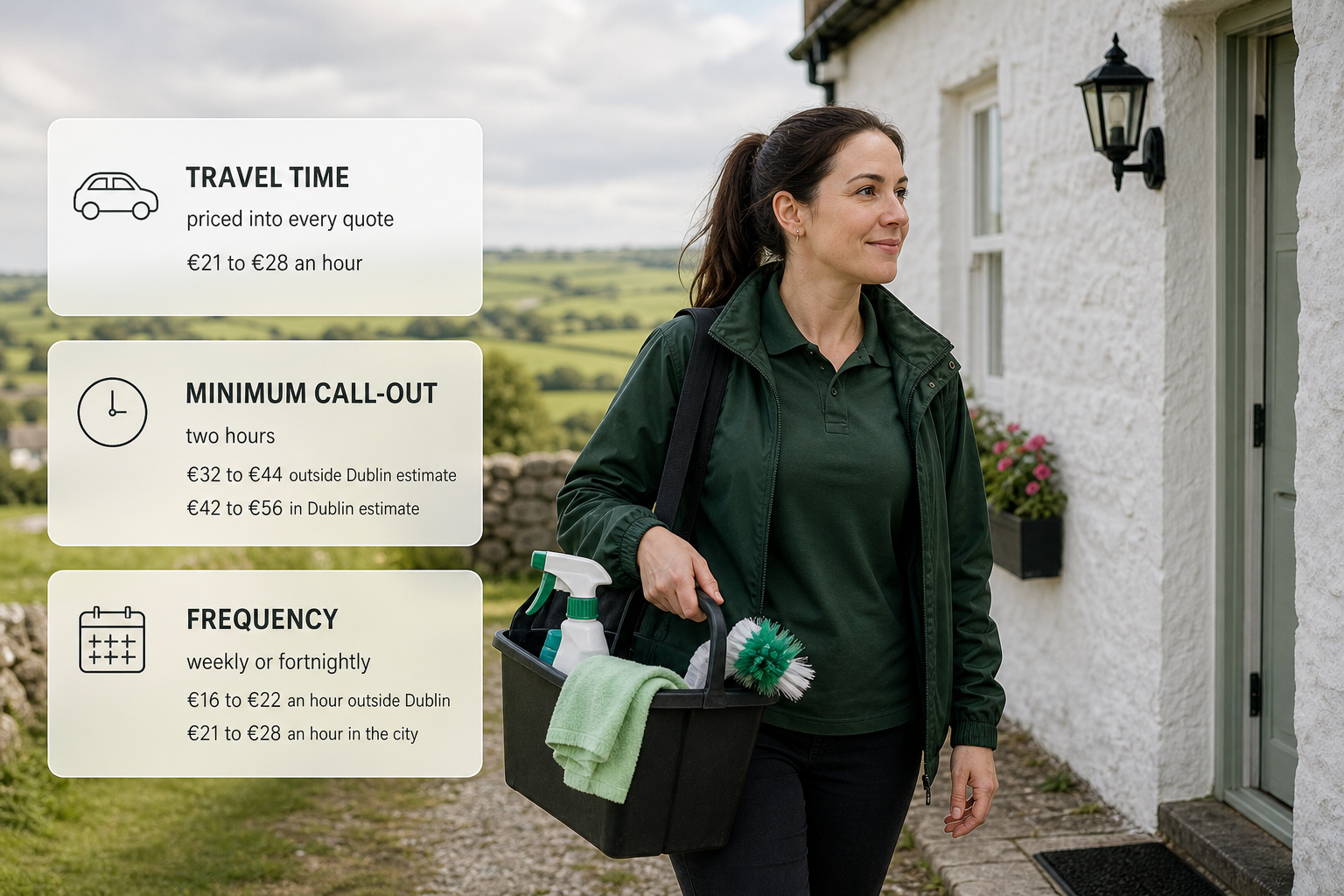 Infographic explaining how travel time, minimum call-outs and frequency affect cleaner quotes in Ireland.