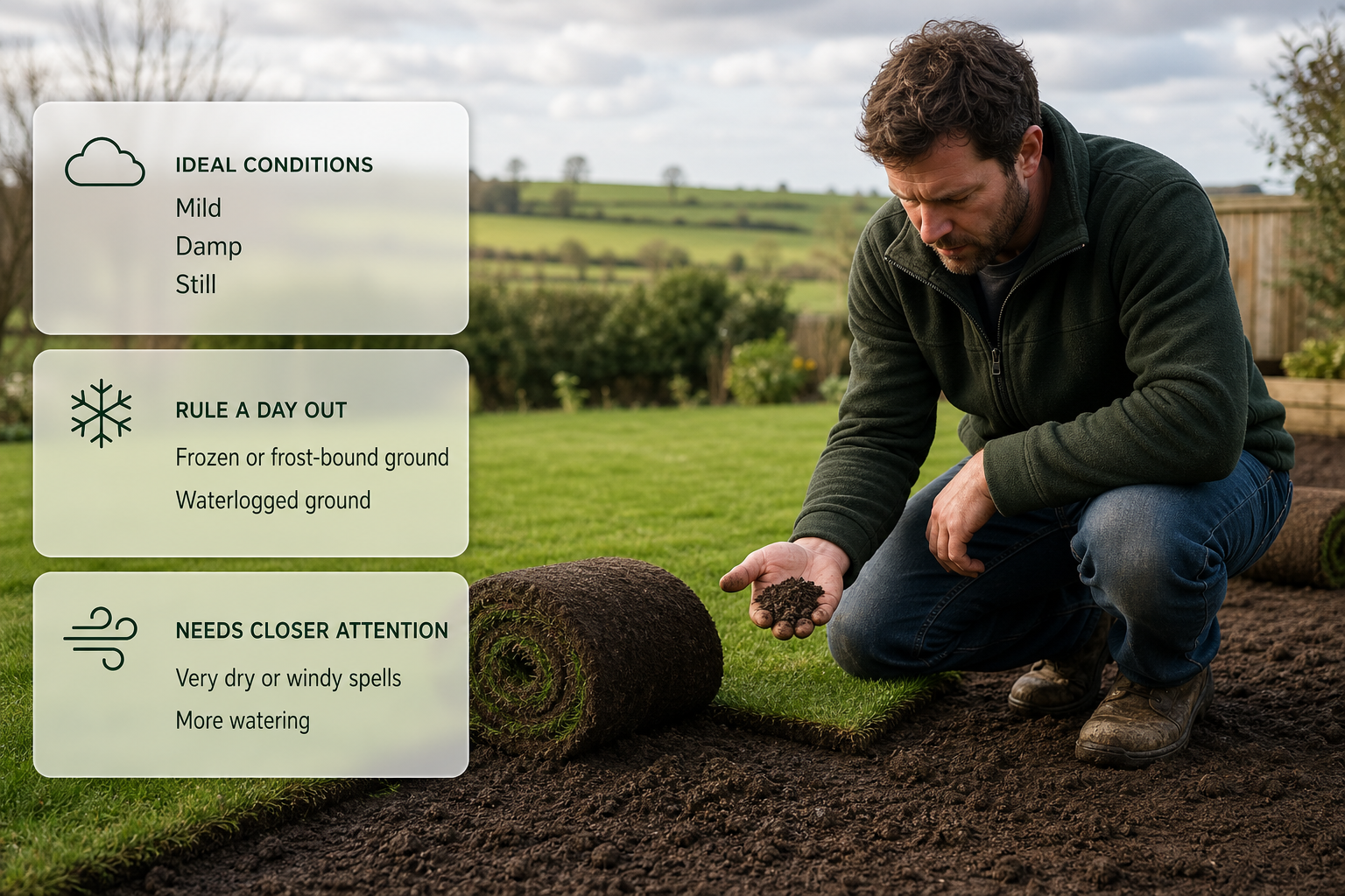 Infographic showing suitable and unsuitable weather and ground conditions for laying turf in an Irish garden.