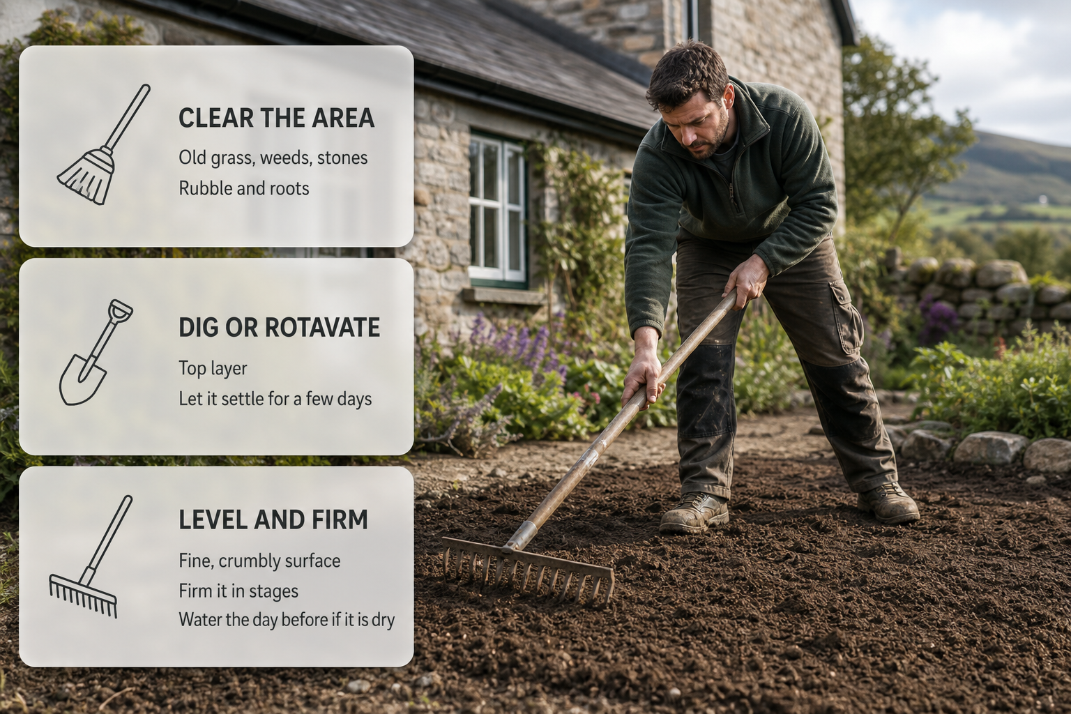 Infographic showing the key ground-preparation steps before laying turf in an Irish garden.