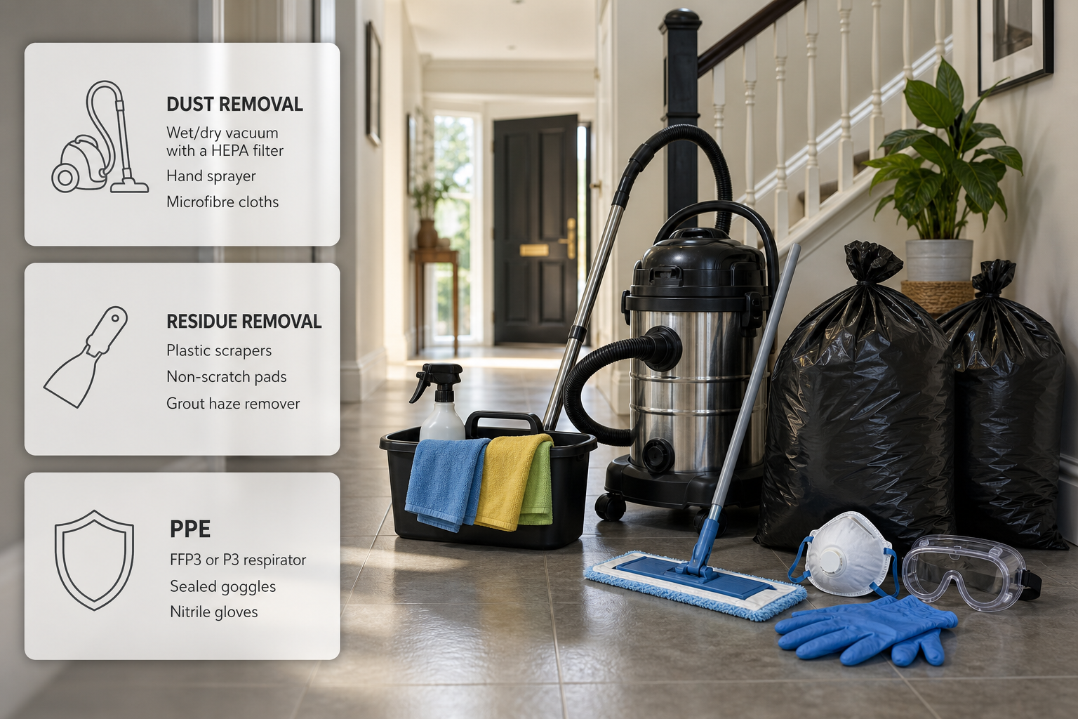 Infographic showing the main post-construction cleaning equipment categories for different jobs in an Irish home.