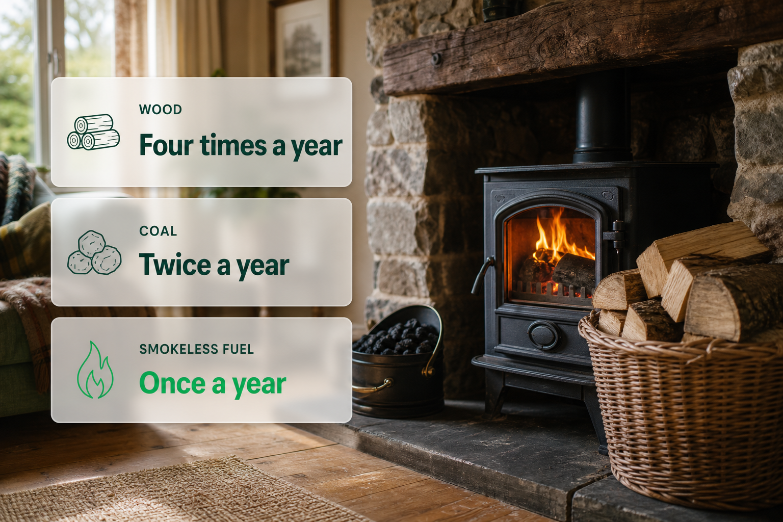 A fireplace with logs and coal and cards showing how often to sweep for wood, coal and smokeless fuel.