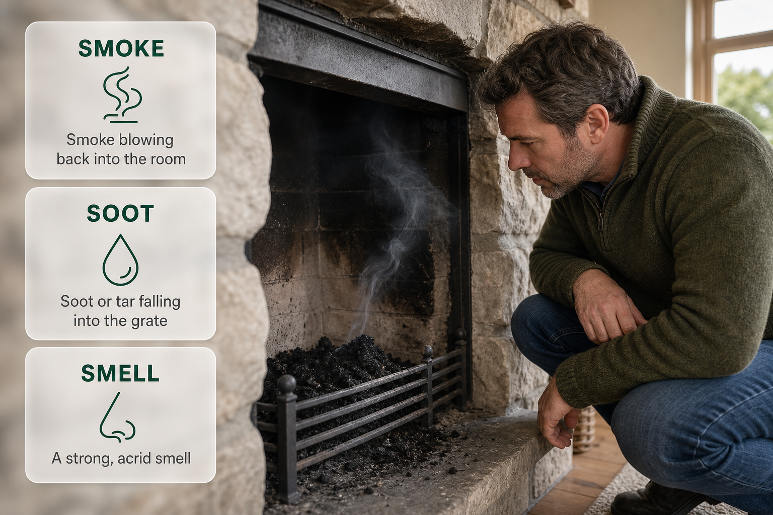 A homeowner checking soot in a fireplace with cards listing smoke, soot and smell as warning signs.