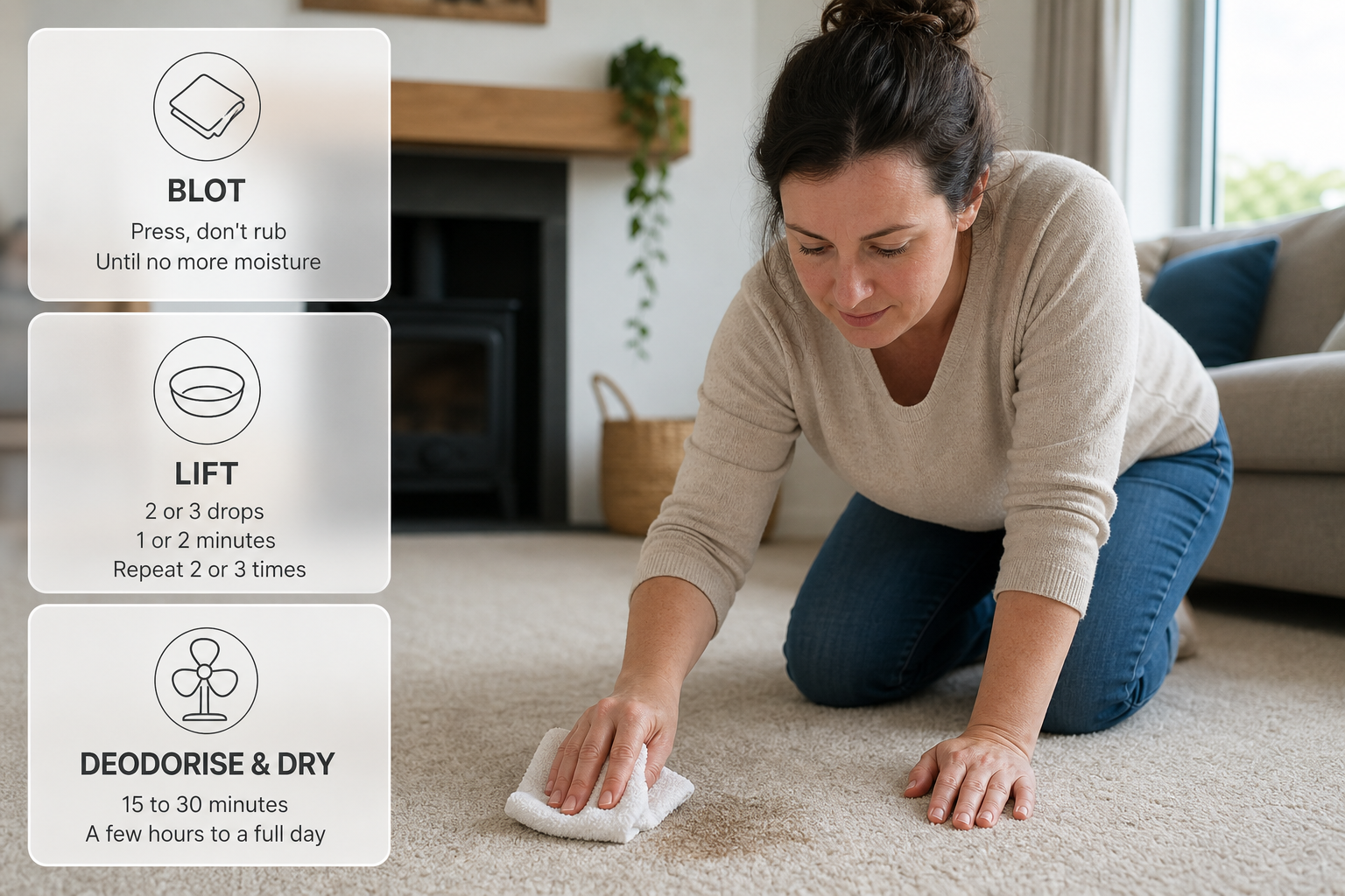 Infographic showing the fresh pet stain cleaning process on carpet in an Irish home with cards for blotting, lifting and drying.
