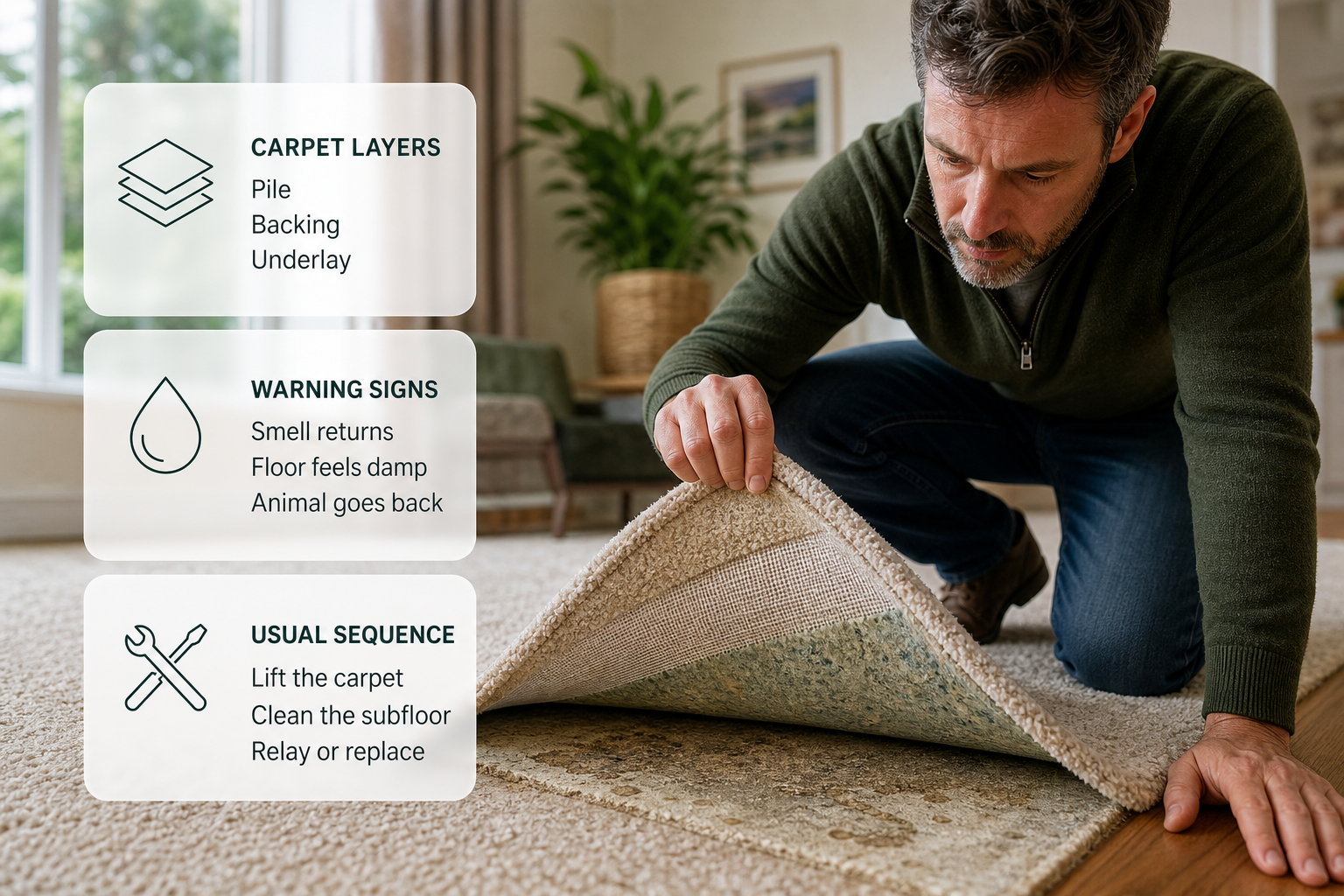 Infographic explaining carpet layers and signs the underlay may need attention in an Irish home.