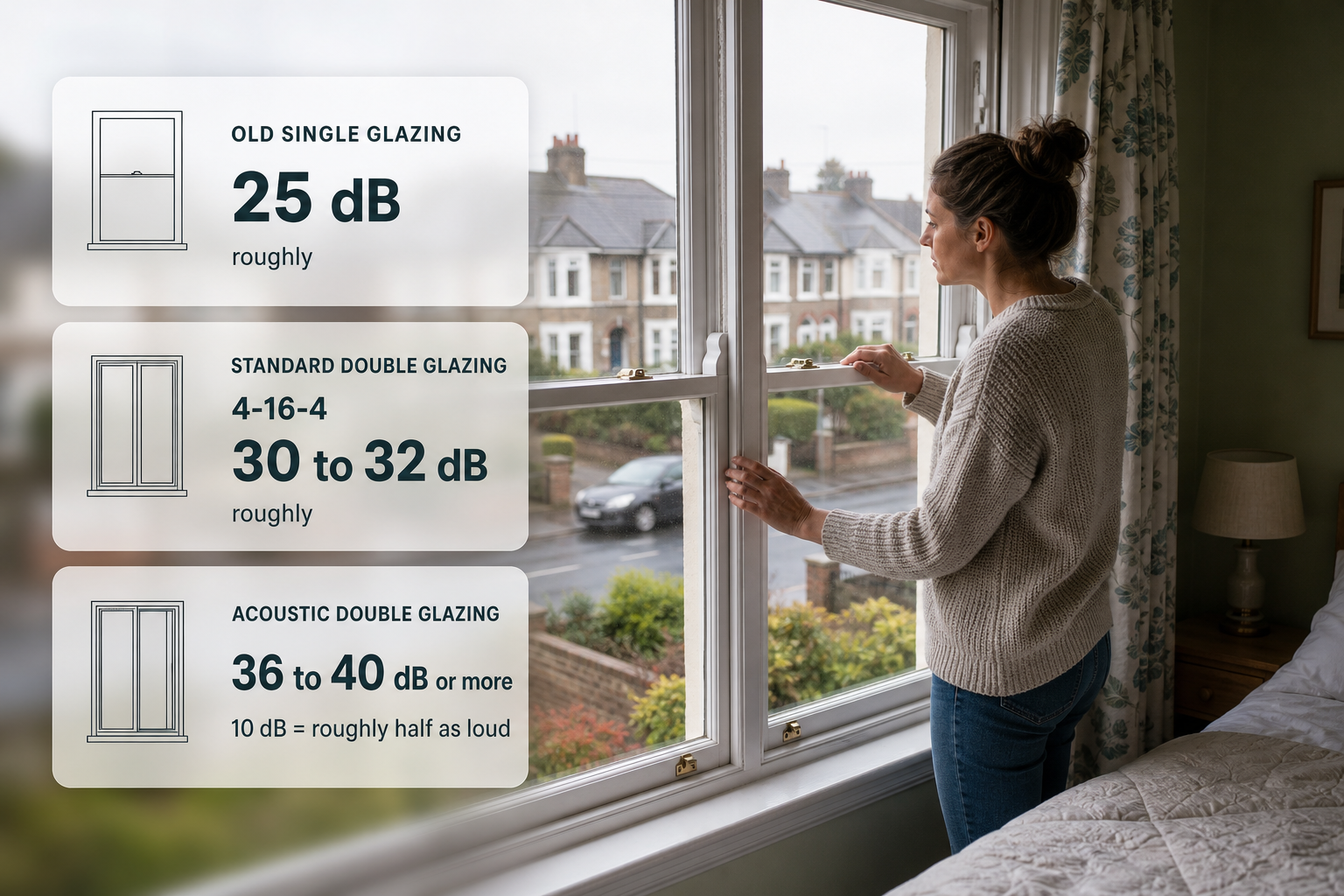 An Irish bedroom window scene with frosted-glass cards summarising typical window sound ratings and what the decibel change means.