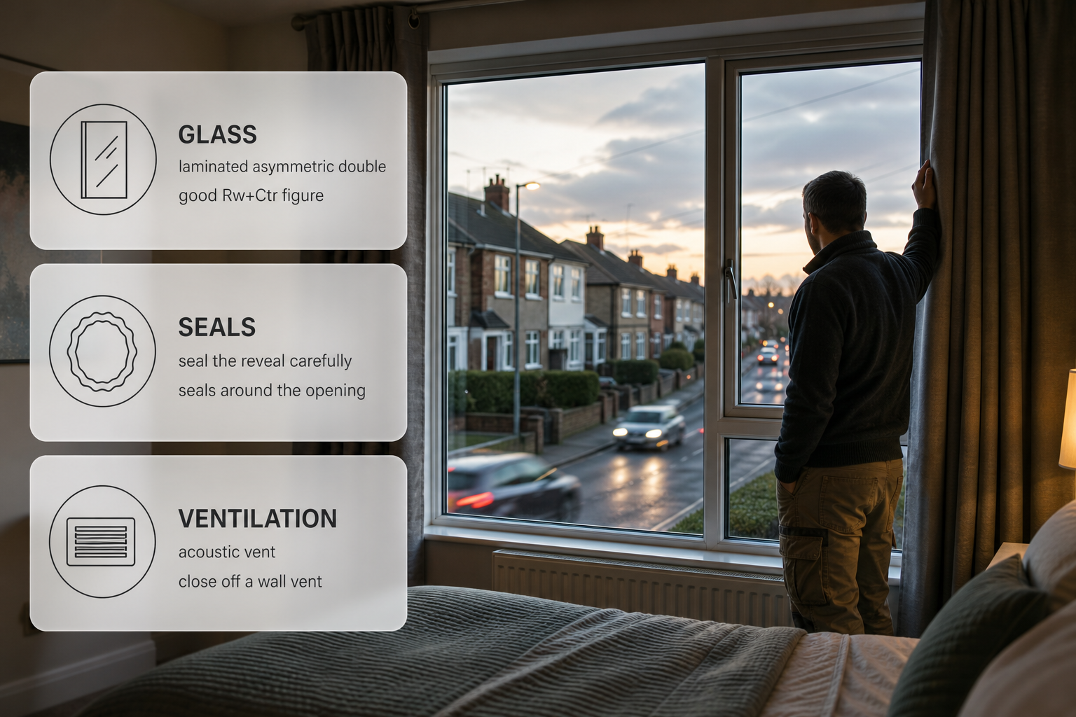A road-facing Irish bedroom with frosted-glass cards showing the three main priorities for reducing night-time noise.