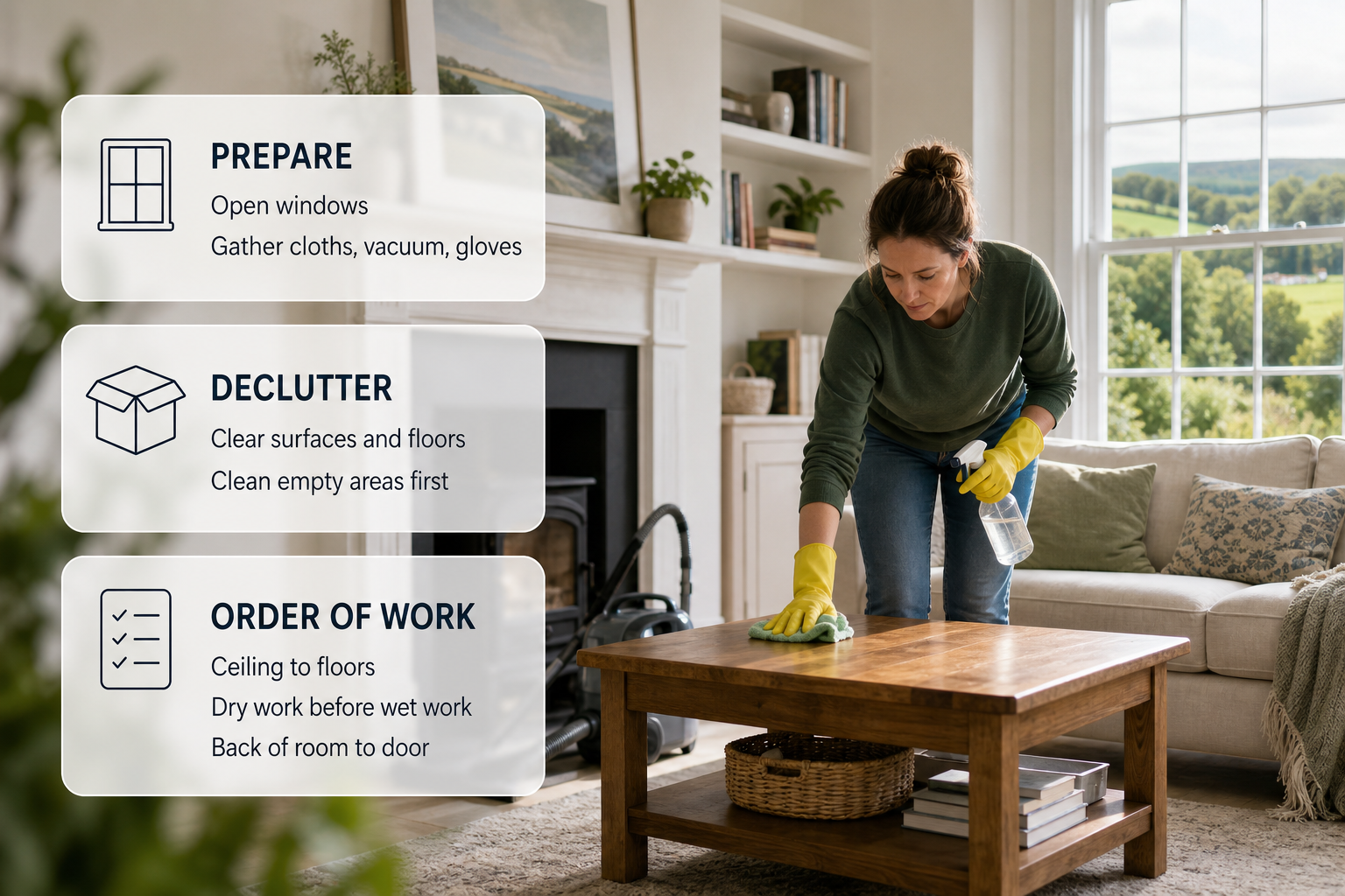 Infographic showing the order of work for deep cleaning a house, over a photo of a homeowner cleaning a living room in an Irish home.